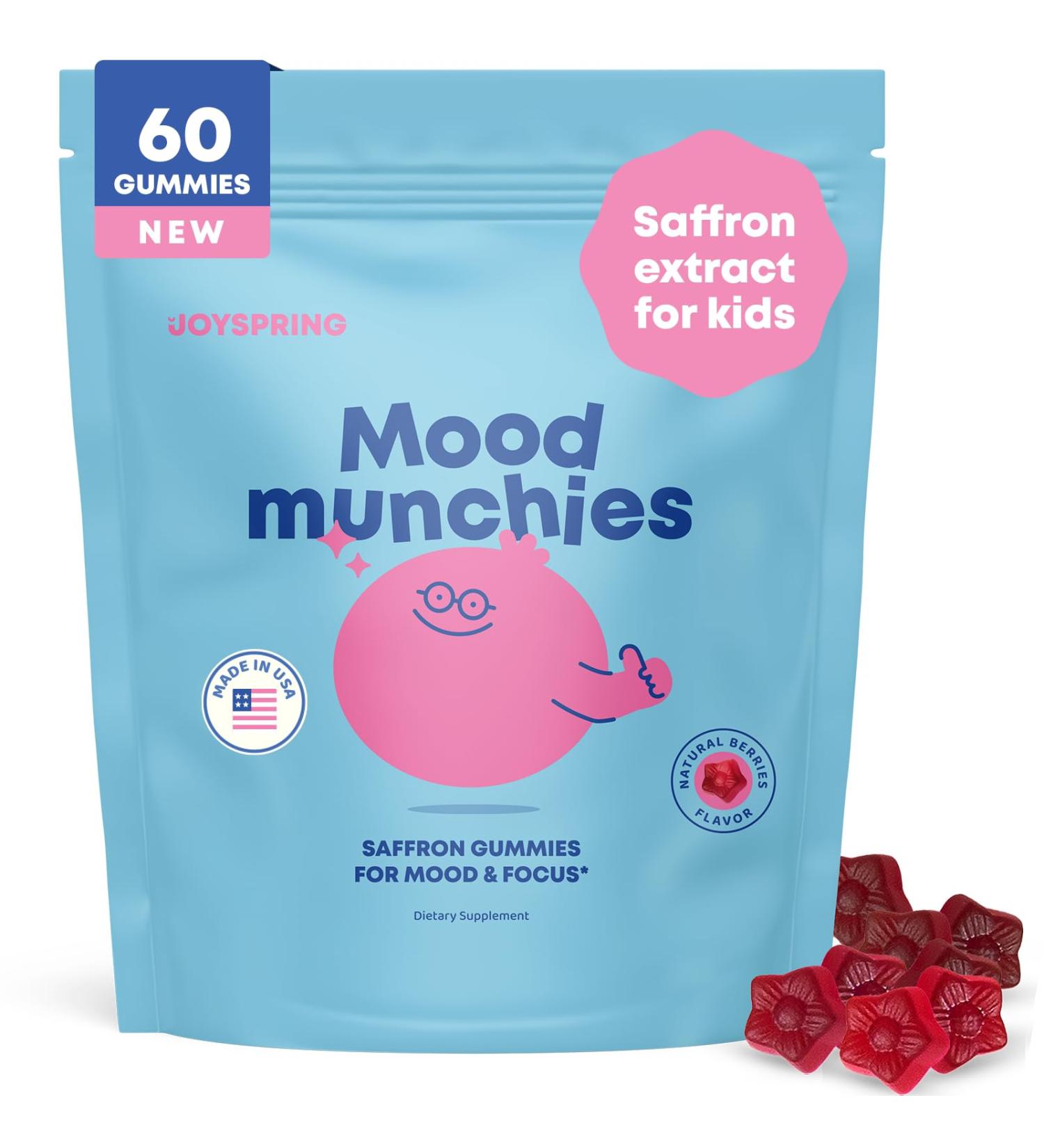 JoySpring Mood Munchies Saffron Gummies for Kids 4+ | Saffron Extract Supplement with GABA Passion Flower & St Johns Wort | Sugar Free Vegan Brain Support & Kids Focus Gummies | Crafted in USA Strawberries 60 Gummies (Pack  - Buy Online on GoSupps.com