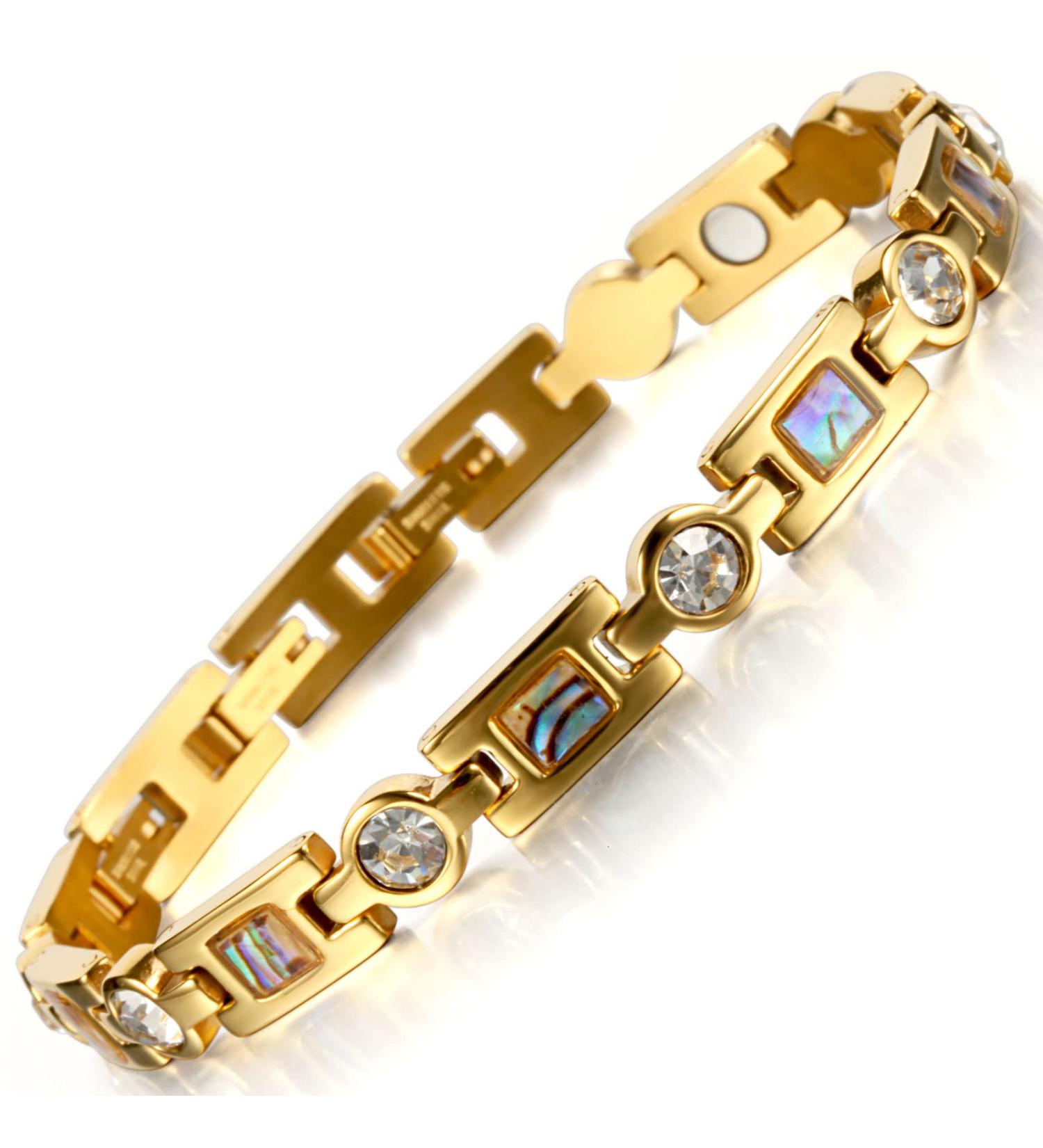 Rainso Women's Titanium Steel Health Bracelet - Golf Magnetic Therapy with Rhinestone & Smart 3 Buckle System in Gold - International Shipping Available - Buy Online on GoSupps.com
