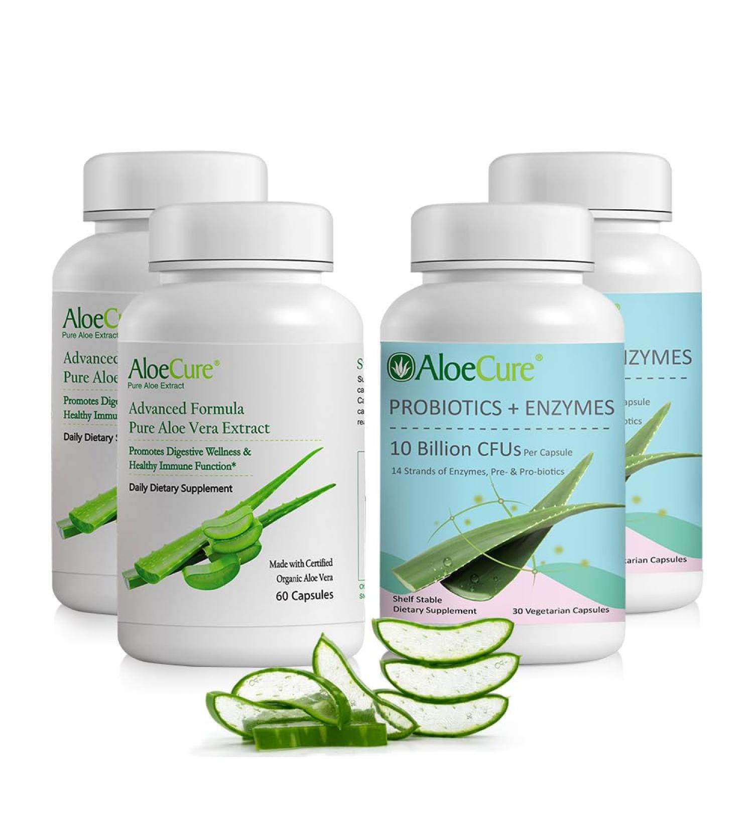 AloeCure Organic Aloe Vera Capsules Pack - 4 Pieces - 2 x Aloe Vera Capsules, 2 x Probiotics + Enzymes - Buy Online on GoSupps.com