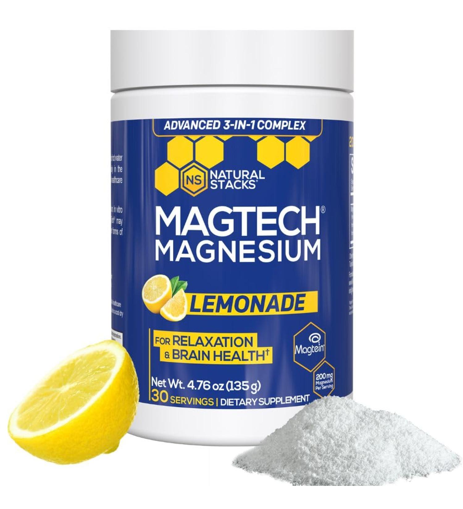 Magtein Magnesium L-Threonate Glycinate & Taurate - MagTech Magnesium Powder - Sugar Free Lemonade Drink - 200mg Chelated Triple Complex - Supports Relaxation & Brain Health* - 30 Servings Lemonade Tub - Buy Online on GoSupps.com