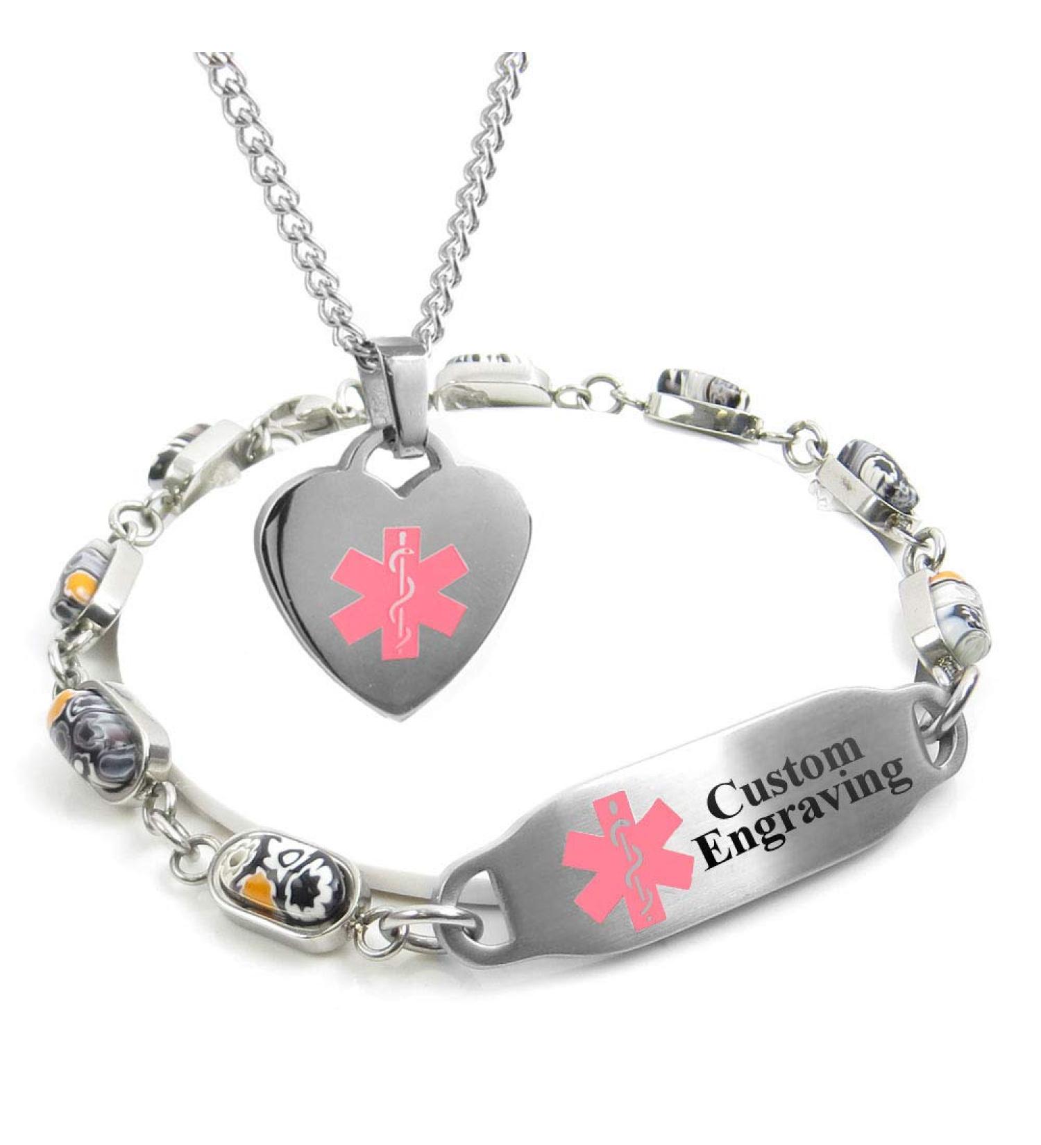 Custom Engraved Medical Alert Bracelet & Heart Necklace for Women - Stainless Steel Black Glass 5.5" Pink - Buy Online on GoSupps.com