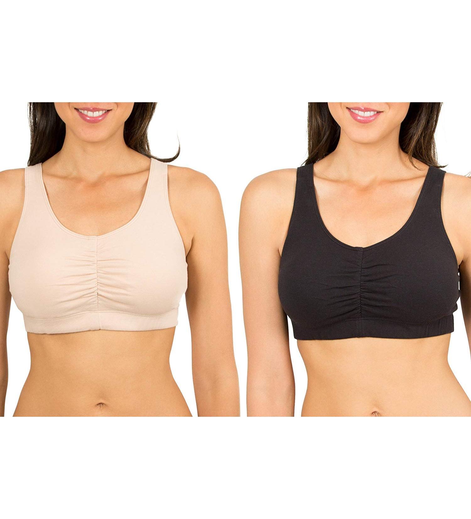 Fruit of the Loom Women's Shirred Front Sport Bra With Removable Pads, 2-Pack 44 Sand/Black