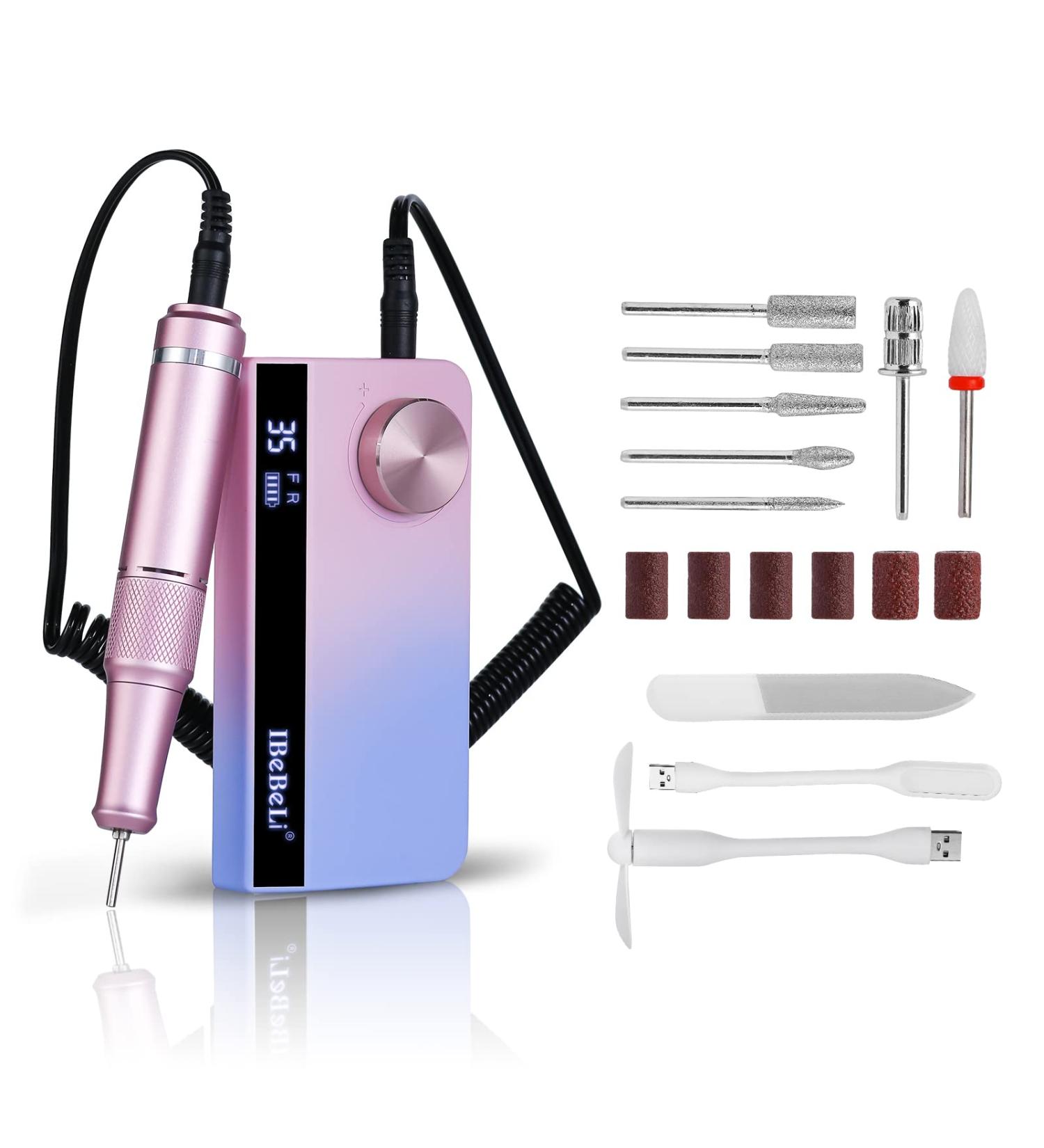 IBEBELI Electric Nail Drill 35000RPM - Rechargeable Gradient Nail Drill for Acrylic Nails - Professional Nail File Set with Glass Nail File - Buy Online on GoSupps.com
