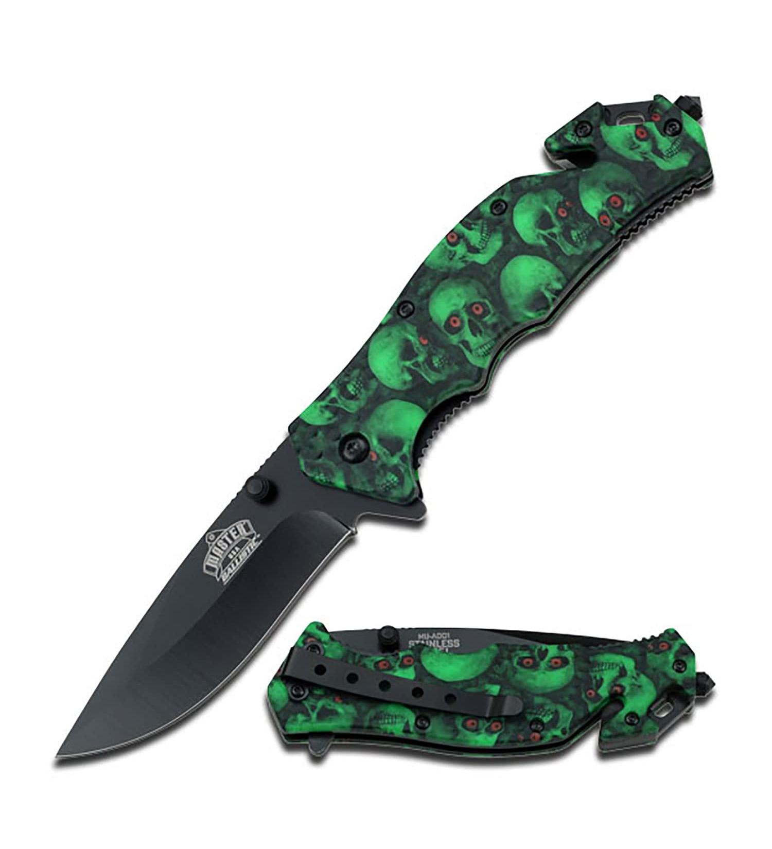 Master USA MU-A001 Spring Assist Folding Knife - Black Blade, 4-1/2 Closed, Green Skull Camo - Buy Online on GoSupps.com