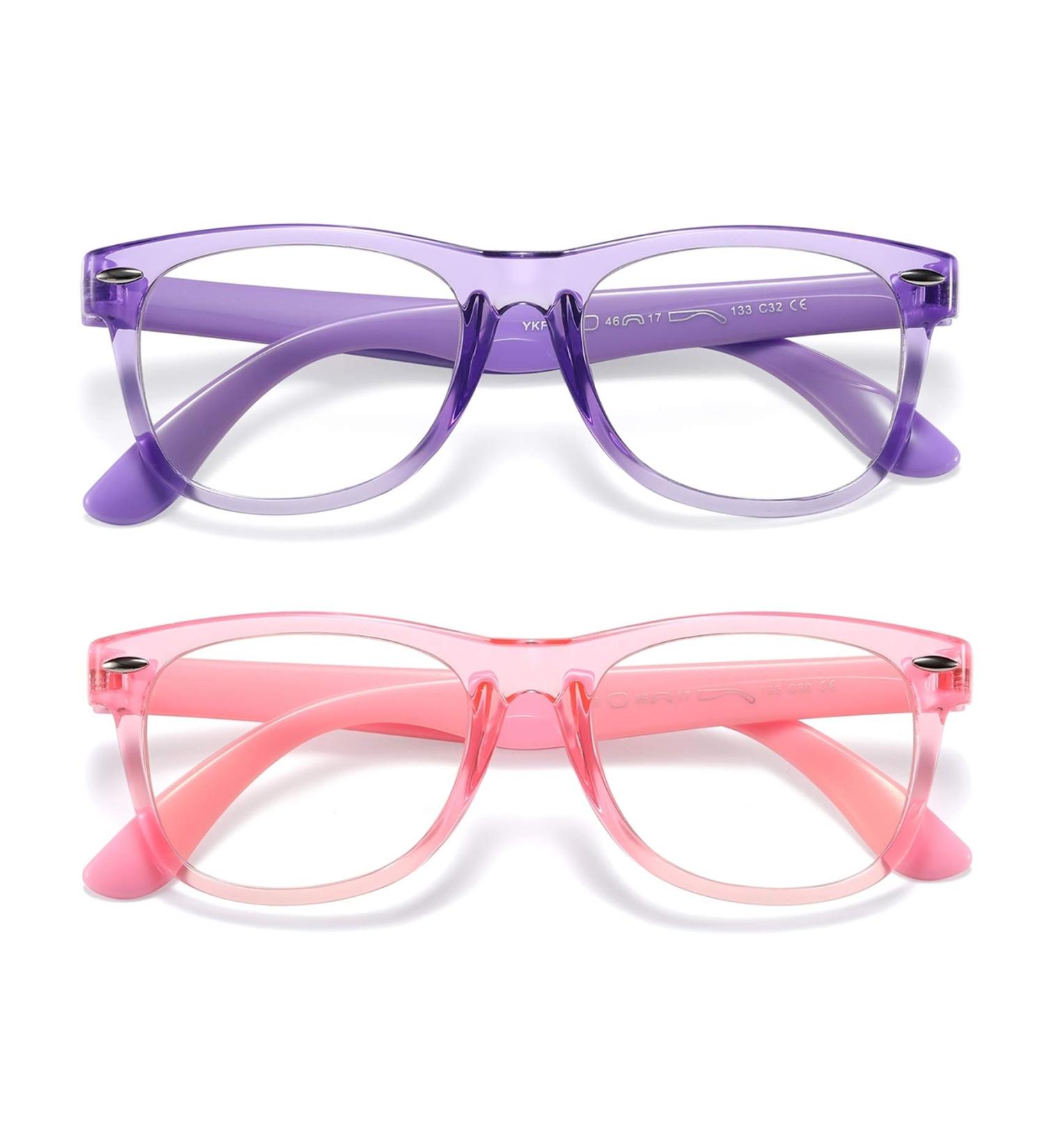 Kids Blue Light Blocking Glasses 2 Pack for Ages 3-10 - Anti Blue Light & Headache - Transparent Pink & Purple - Buy Online on GoSupps.com