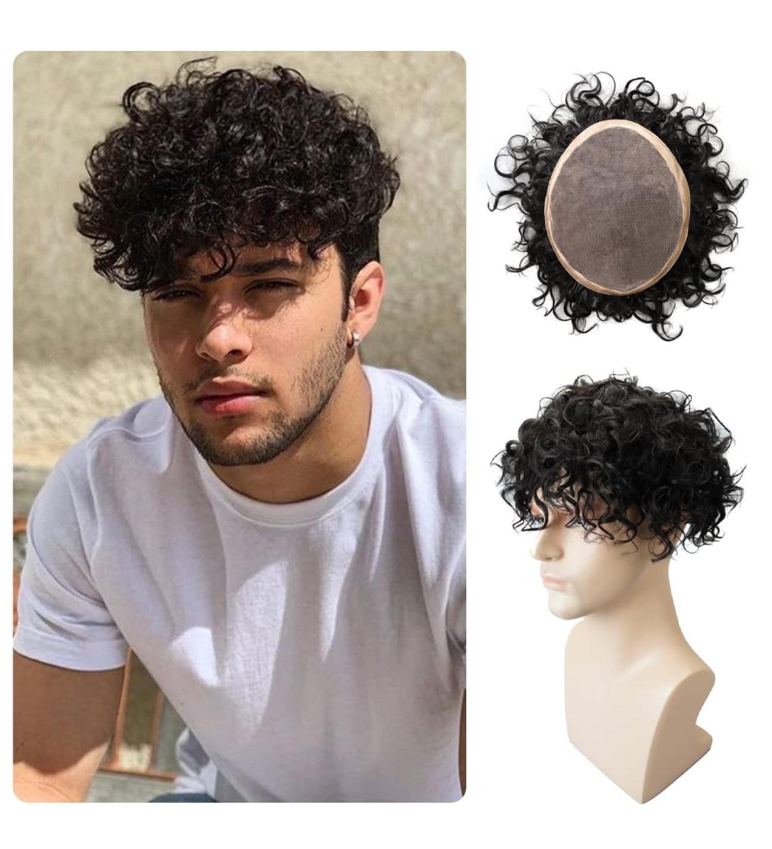 Lordhair Curly Hair Men's Toupee Men 100% Human Hair Hair System for Men Lace with PU Toupee for Men 8x10 inch(20mm) 20mm 8x10inch - Buy Online on GoSupps.com