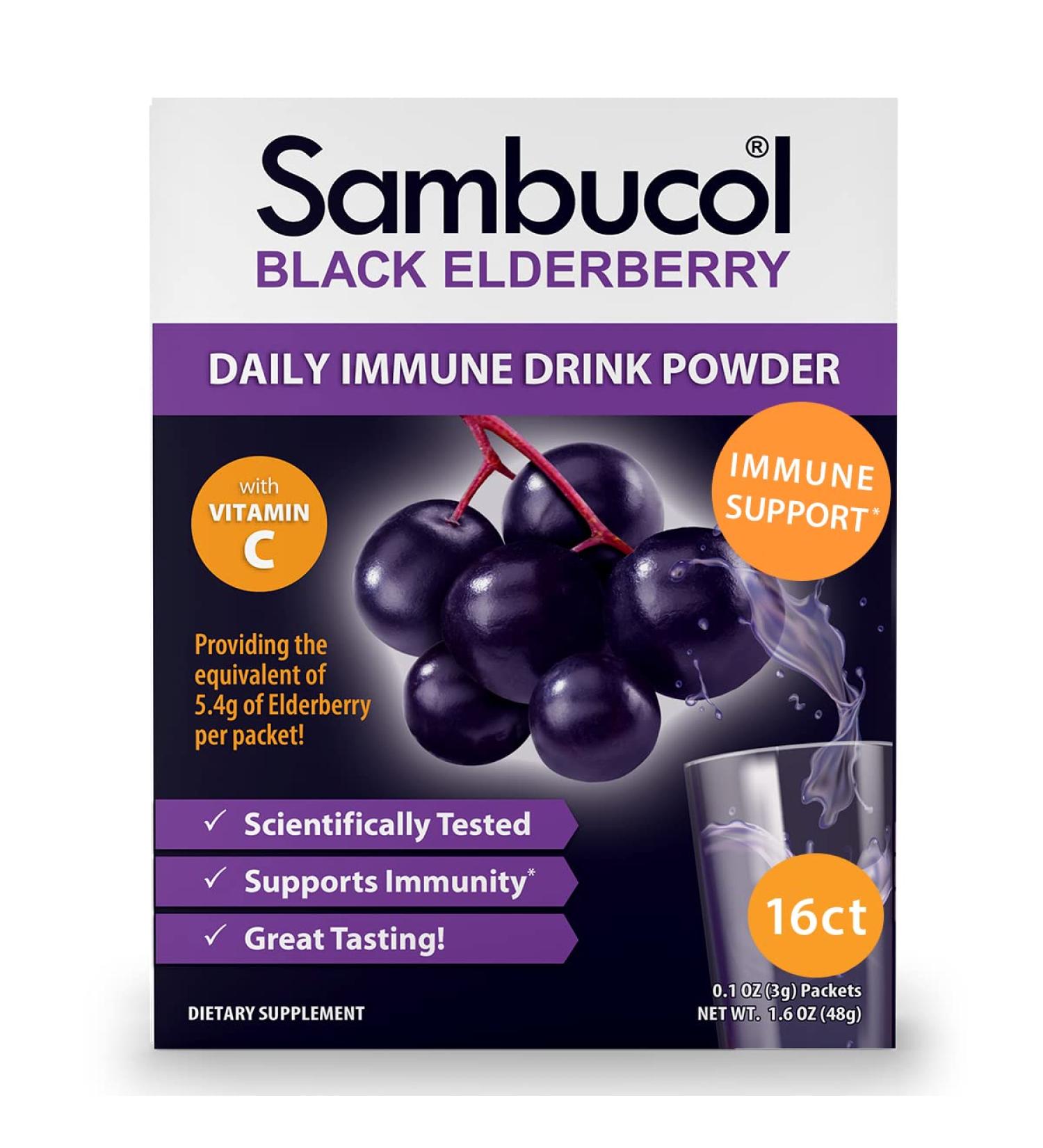 Sambucol Black Elderberry Drink Powder with Vitamin C - Vegan Friendly, Sugar Free, No Artificial Flavors - 16 Count - Buy Online on GoSupps.com