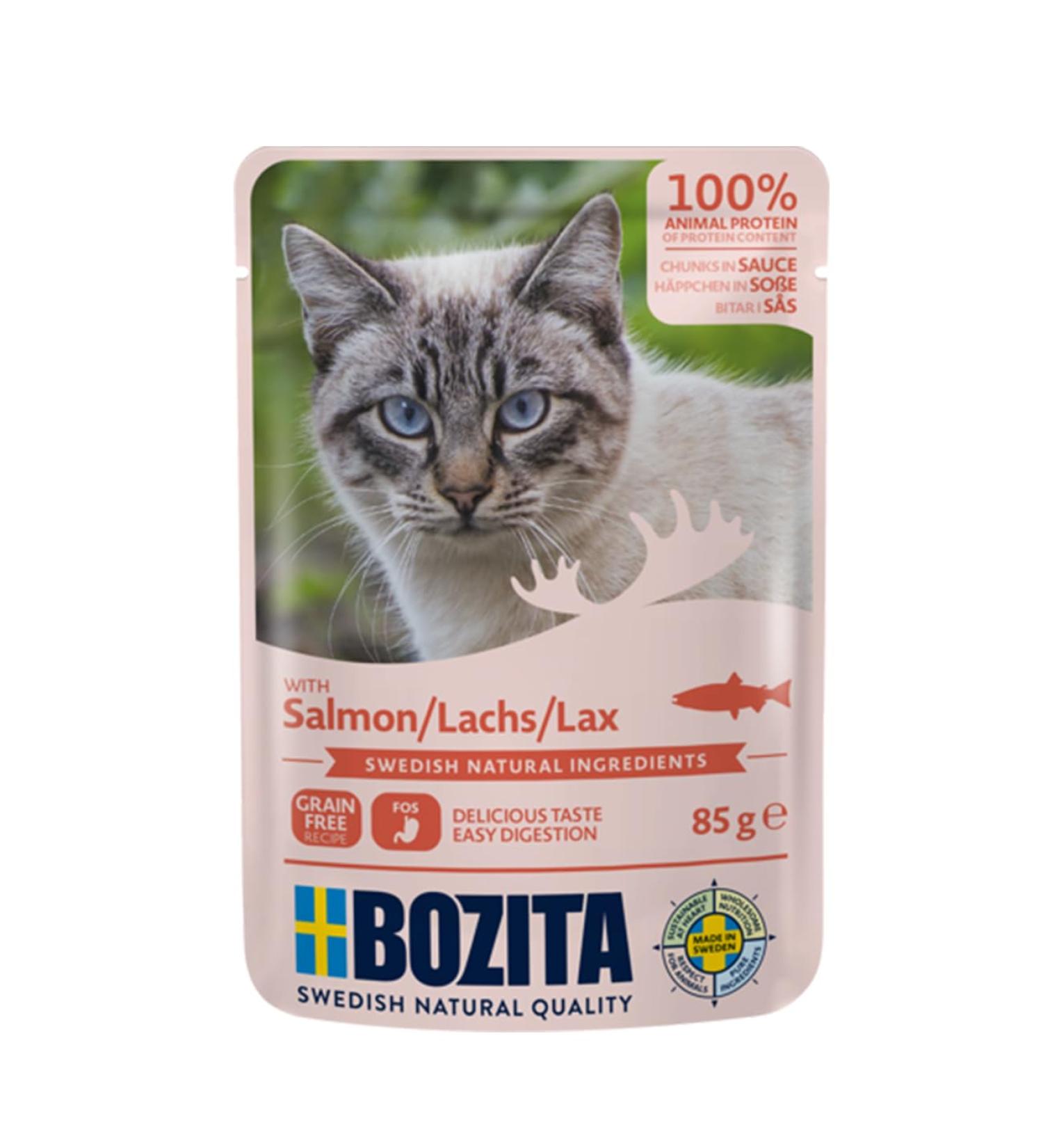 Buy BOZITA Grain-Free Wet Food Bites in Sauce with Salmon 12x85g Pouch for Adult Cats - Premium Quality Mix - Buy Online on GoSupps.com