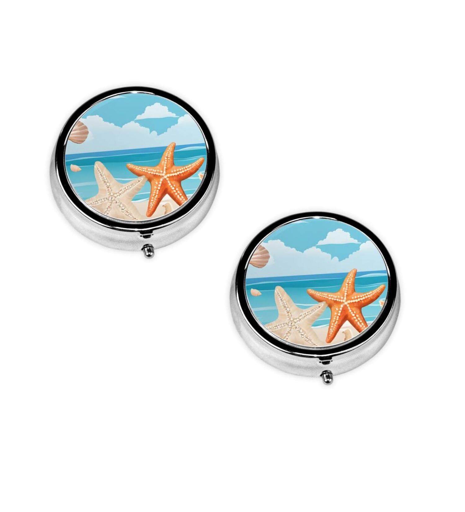 Seashells Sand Round Pill Box - 3 Compartment Portable Travel Medicine Organizer | Mini Decorative Pocket Purse for Vitamins & Tablets - Buy Online on GoSupps.com