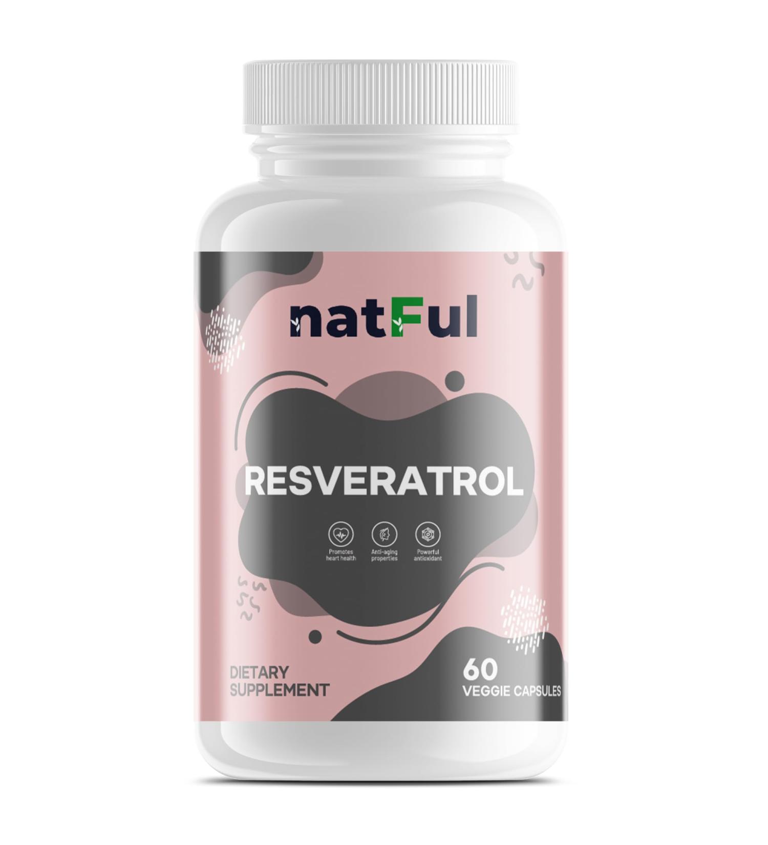 NATFUL Resveratrol 600mg High Potency Antioxidant Supplement 60 Vegan Capsules Non-GMO Gluten-Free Sugar-Free Supports Heart Health Aging & Cellular Wellness Made in USA - Buy Online on GoSupps.com