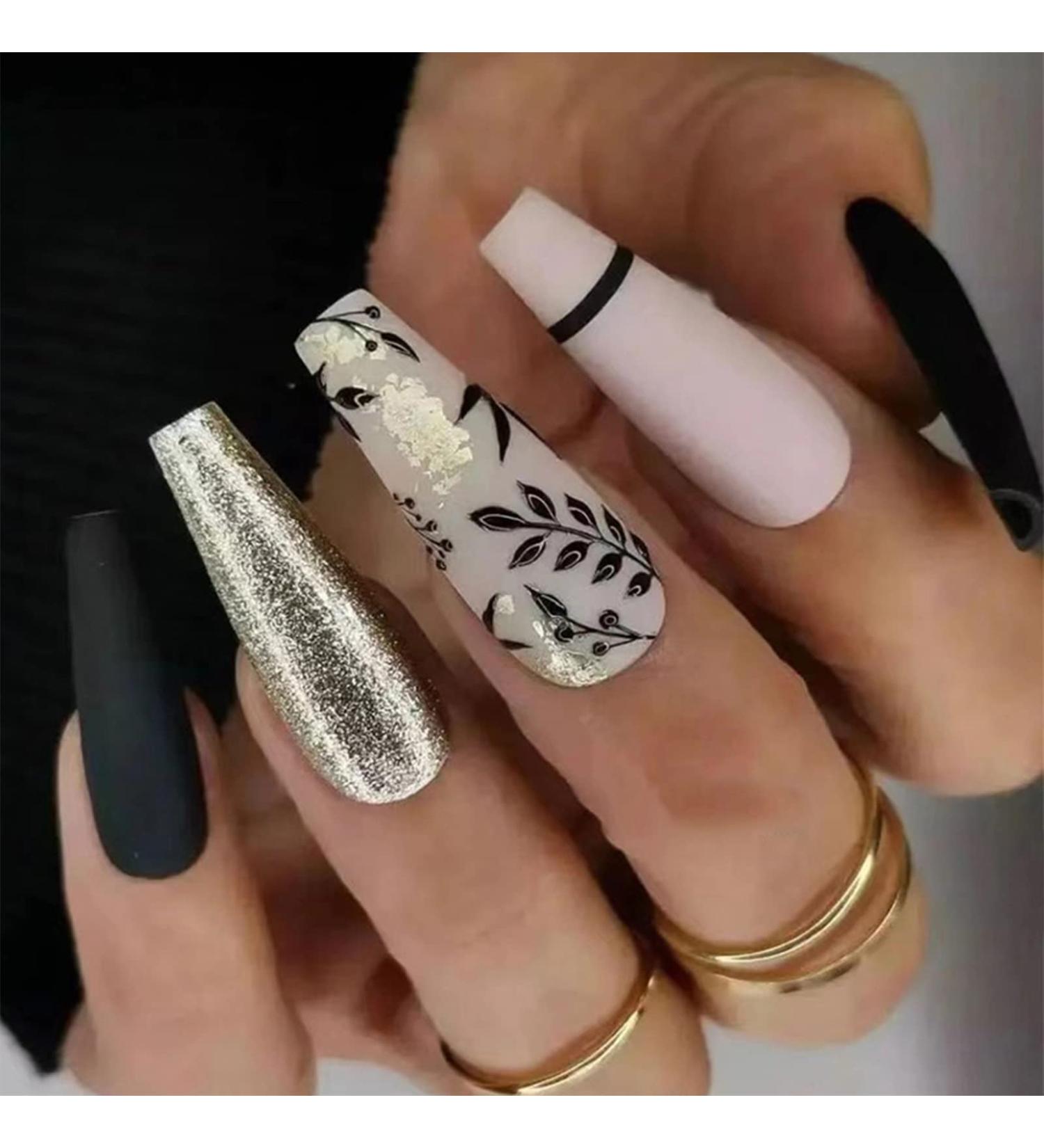 24pcs Long Coffin False Nails Black White Stick on Nails Gold Glitter Press on Nails with Leaf Patterns Removable Glue-on Nails Fake Nails Women Girls Nail Art Accessories 0232Y14 0.04 ml (Pack of 24) - Buy Online on GoSupps.com
