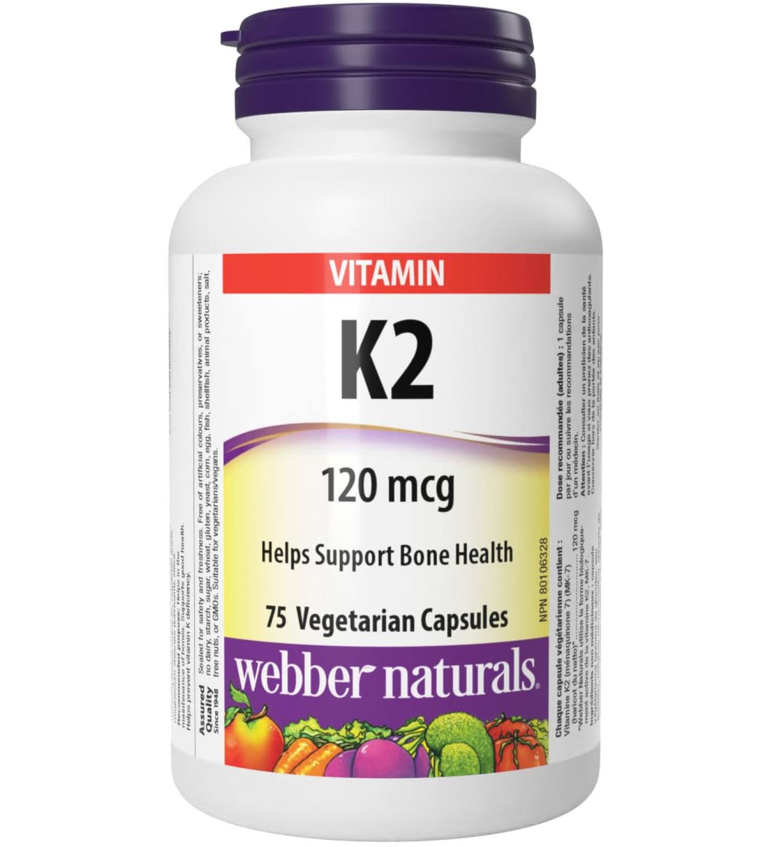 Webber Naturals Vitamin K2 120 mcg 75 Capsules MK-7 Formula Helps Support Bones Vegan - Buy Online on GoSupps.com