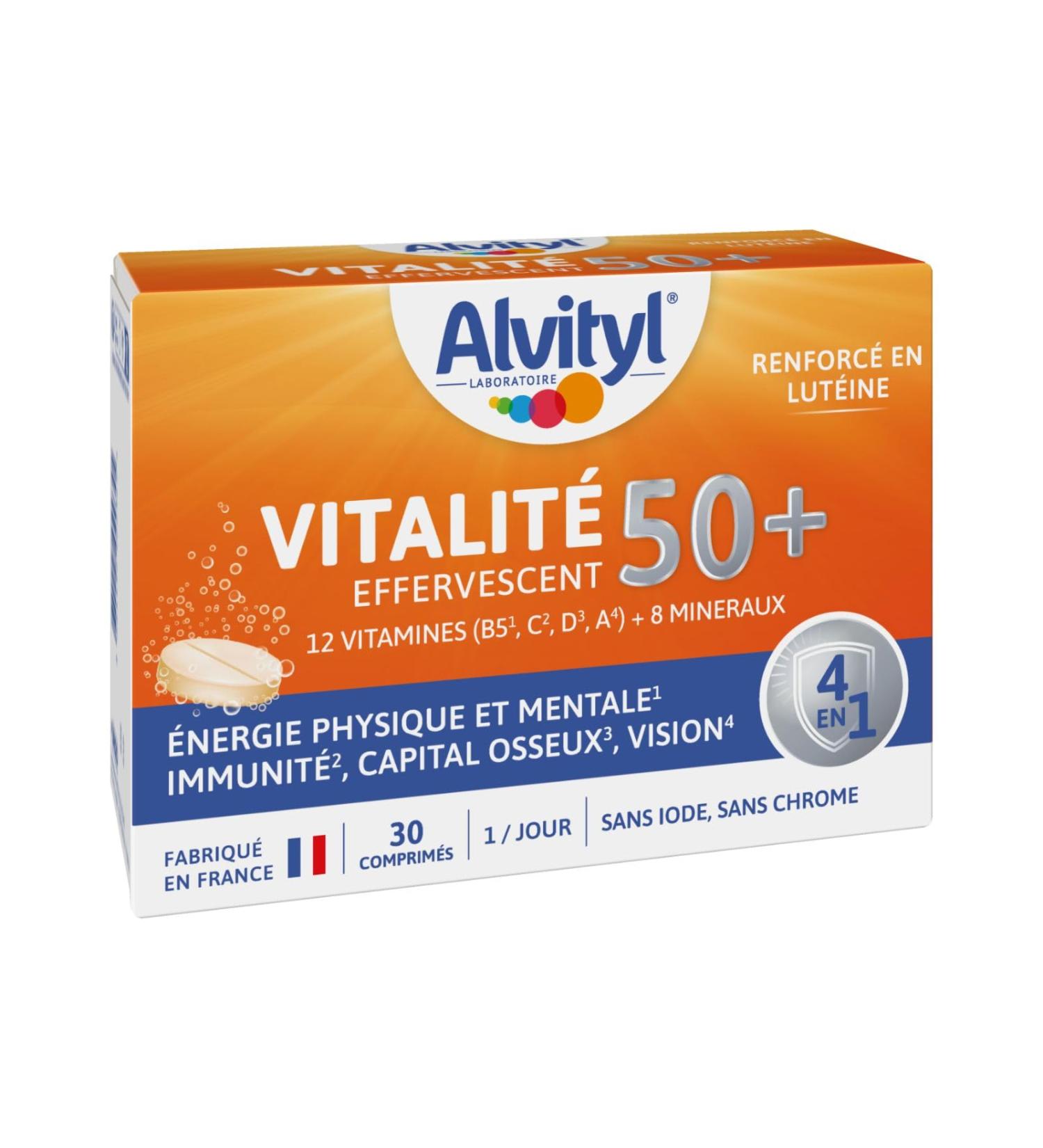 Alvityl - Vitality 50 + Effervescent tablets tropical taste - 12 vitamins 8 minerals 2 plants and lutein - From 50 years old - 30 effervescent tablets - Buy Online on GoSupps.com