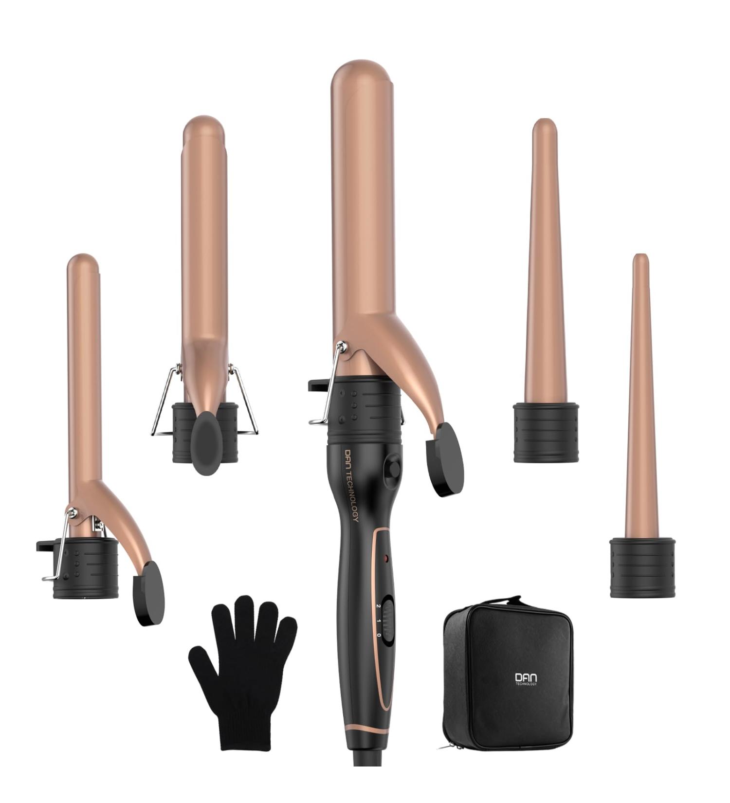 DAN Technology 5 in 1 Curling Iron Set - Dual Voltage Hair Curler with 5 Ceramic Barrels 2 Heat Settings & Heat Protective Glove - Adjustable Temperature Rose Gold - Buy Online on GoSupps.com