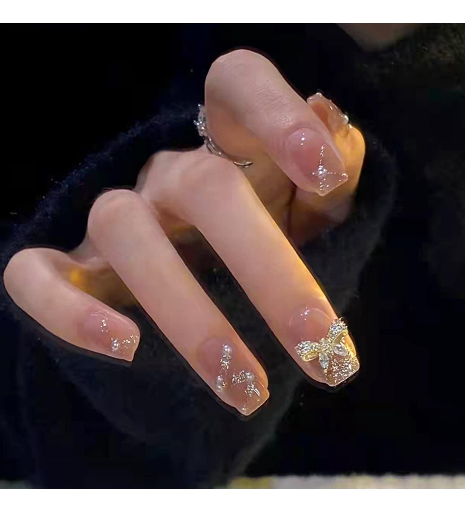 Butterfly Square False Nails Short 24Pcs Glitter French Press on Nails with Elegant Pearl Designs Nude Glossy Acrylic Fake Nails Stick on Nails for Women and Girls Nail Art Manicure Decoration Butterfly Designs - Buy Online on GoSupps.com