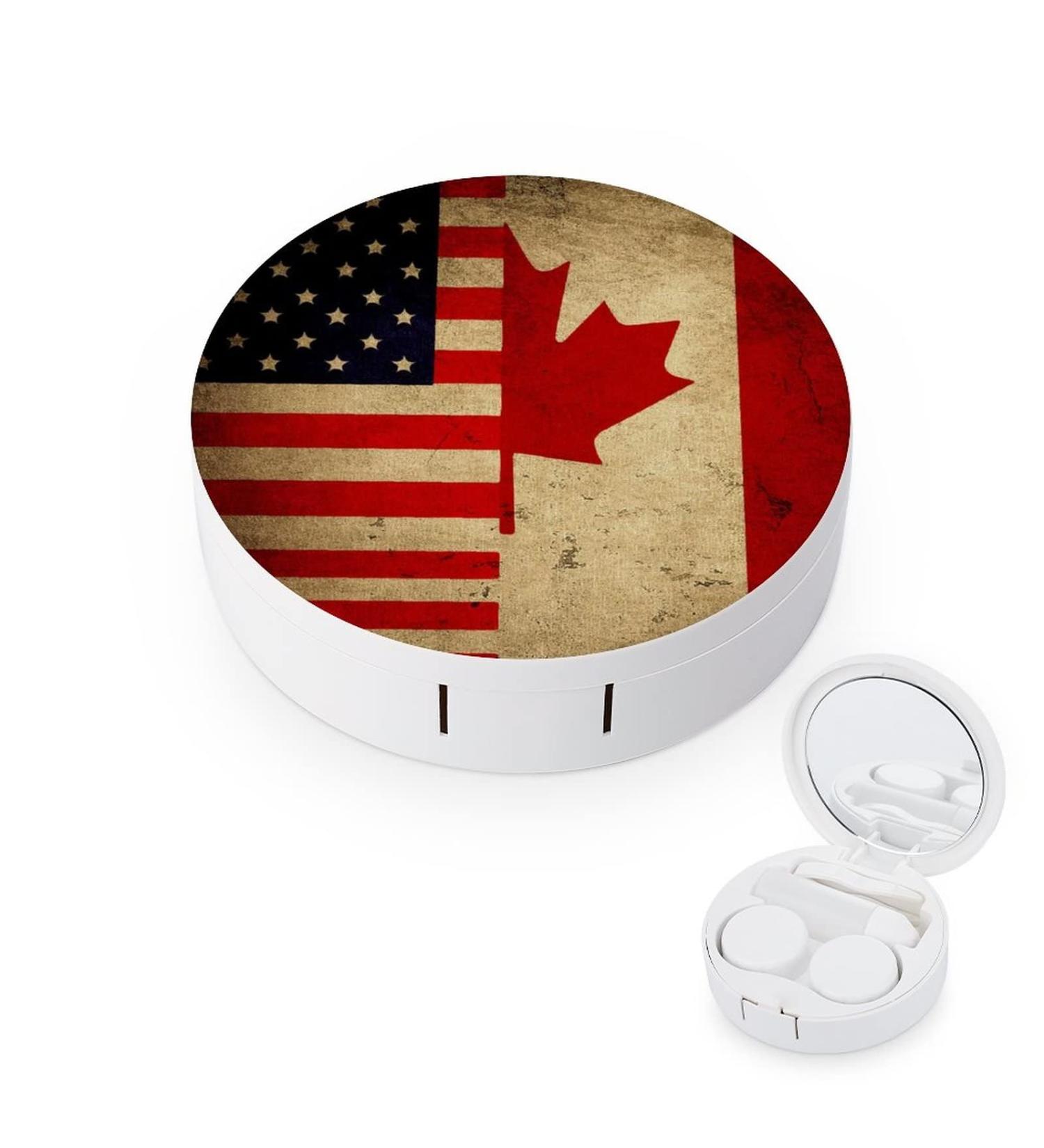 Vintage American And Canadian Flags Round Case For Contact Lens Kit Storage Box with Mirror Printed - Buy Online on GoSupps.com