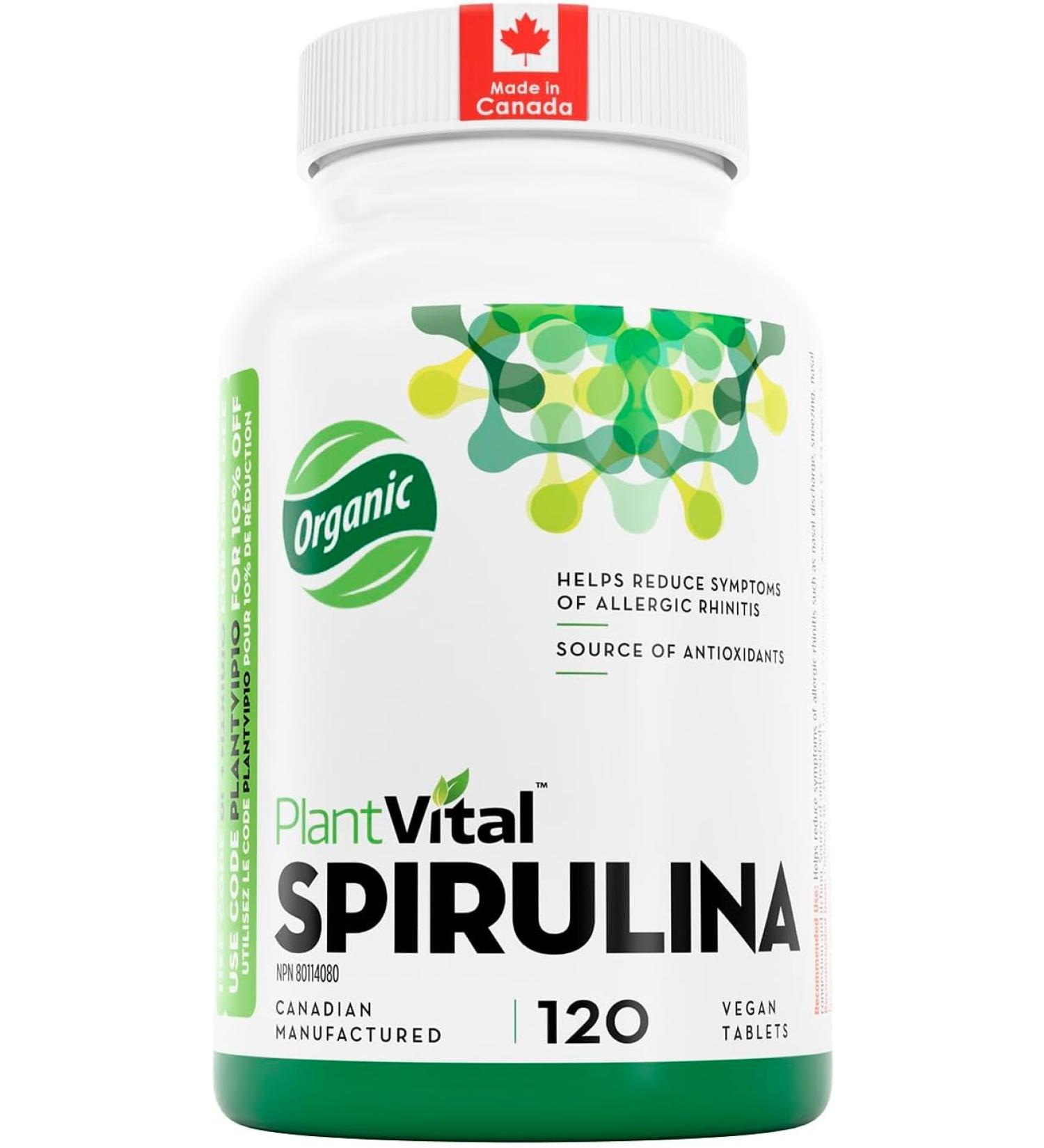 Plantvital Organic Spirulina Tablets (120 Tablets) 1000mg Per Tablet - Mega Source of Chlorophyll Protein. Vitamins/Minerals Antioxidant Rich Superfood. Vegan Non-GMO Gluten Soy Dairy Free! Made in Canada 120 count (Pack of 1) - Buy Online on GoSupps.com