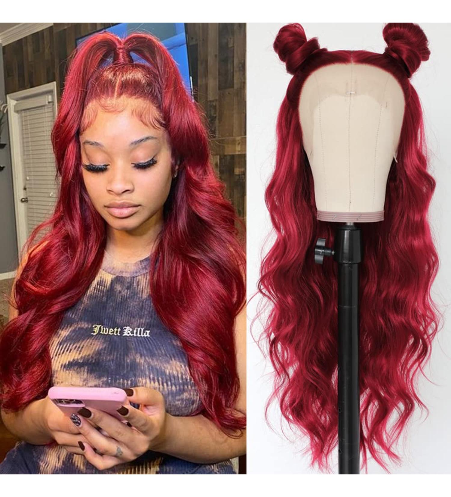 QD-Tizer Burgundy Red Lace Front Wig - Long Wavy Heat Resistant Synthetic Hair for Women - Buy Online on GoSupps.com
