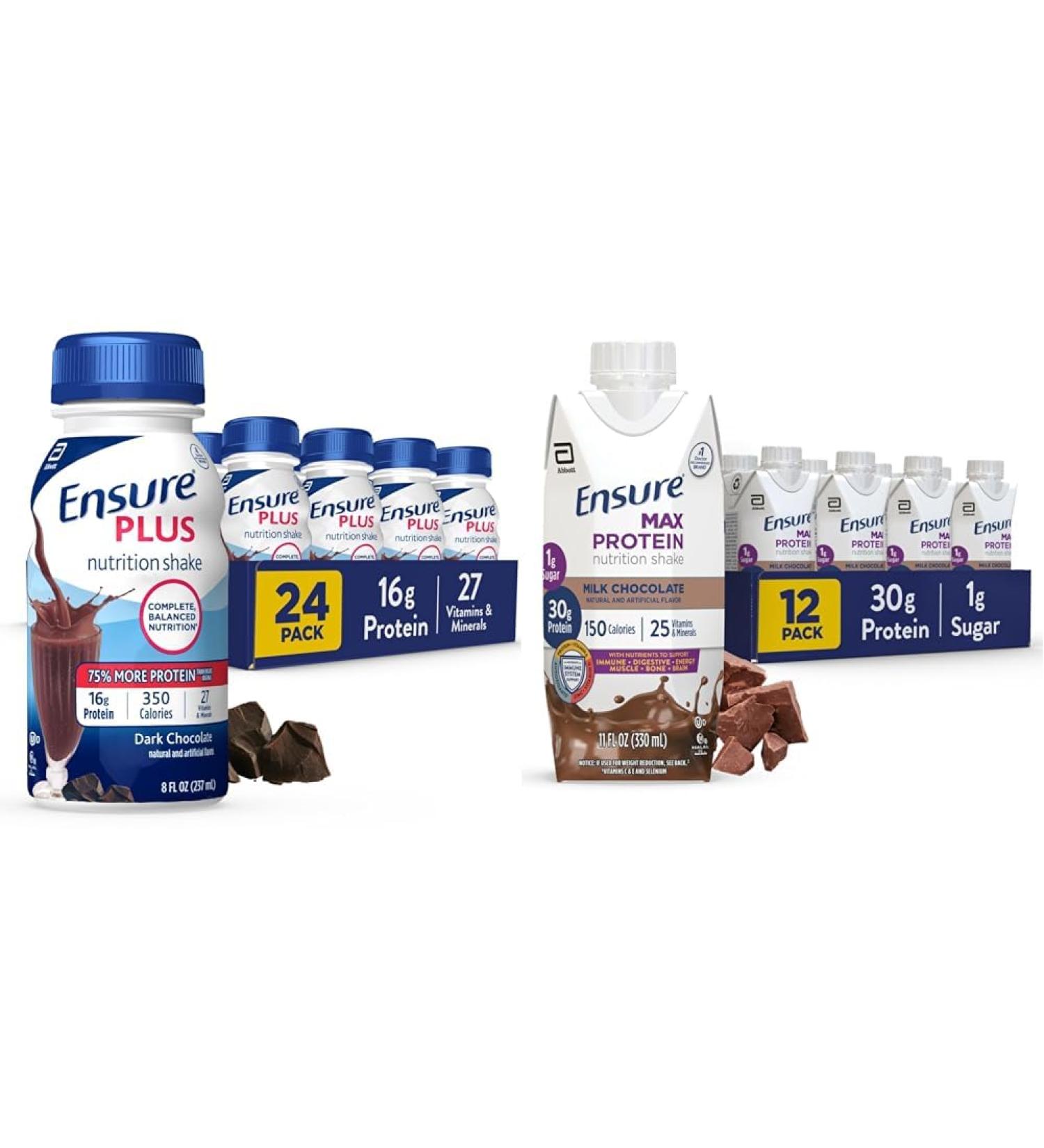 Ensure Plus Nutrition Shake 24 Count With 16 Grams of Protein Meal Replacement & Max Protein Milk Chocolate Nutrition Shake 30g Protein 1g Sugar 4g Comfort Fiber - Buy Online on GoSupps.com