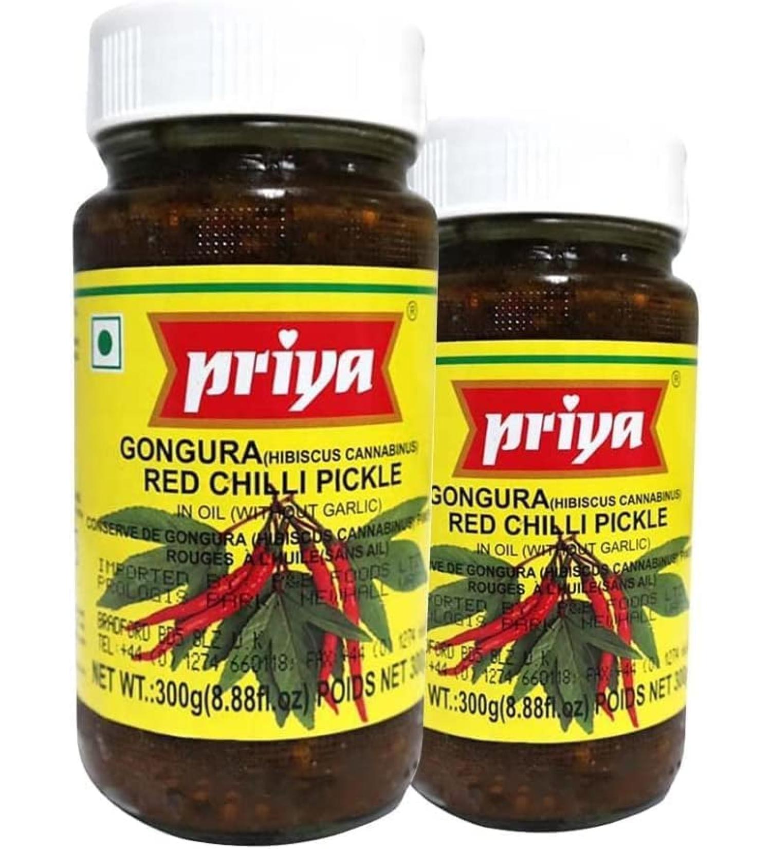 Priya Gongura Red Chilli Pickle | Traditional Pickle | Indian Origin | Indian Authentic with Great Flavor | Delicious with Poppadums | Spicy & Sour | Vegan | 300G (Pack of 2) - Buy Online on GoSupps.com