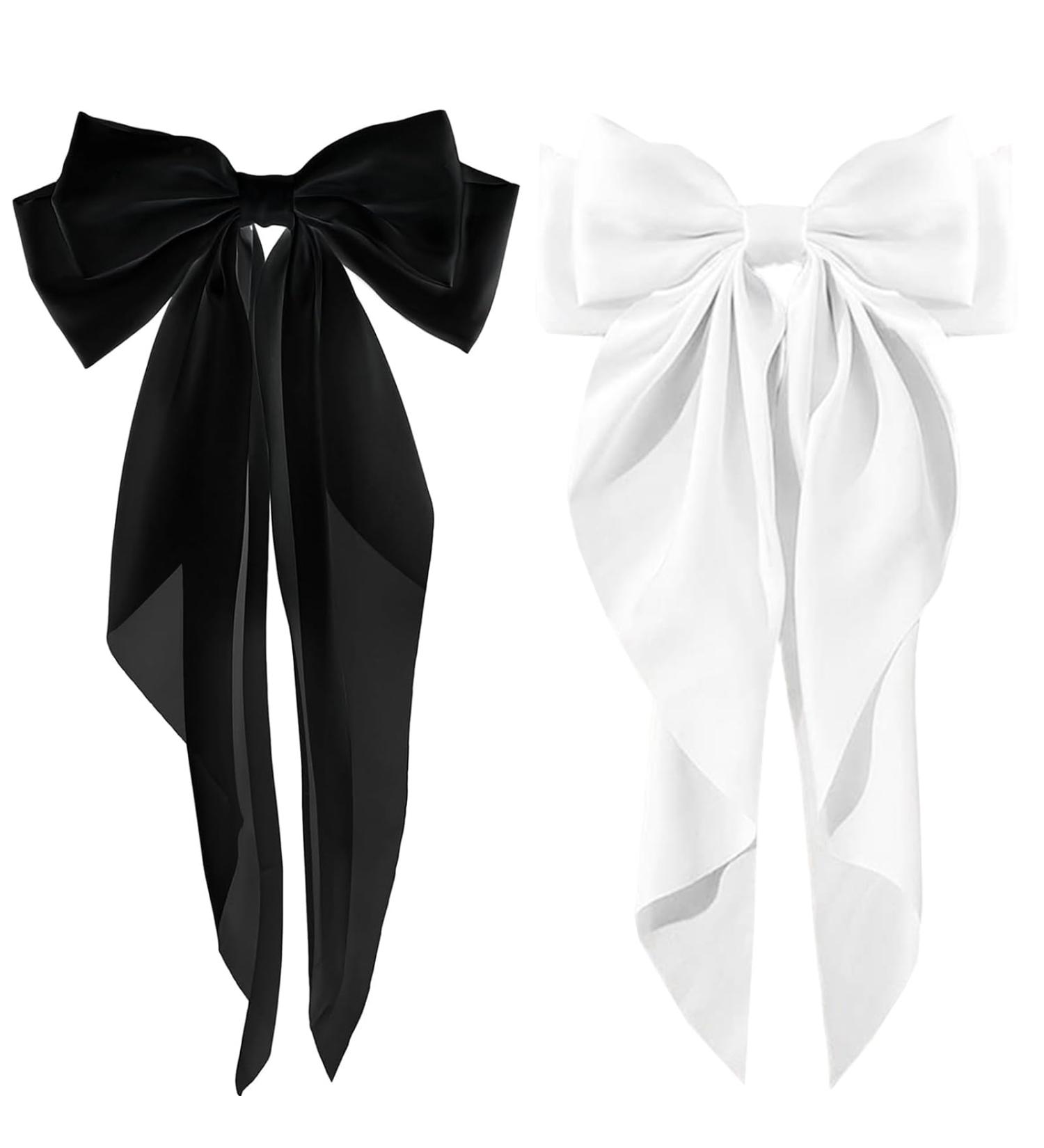 2 Pcs Big Hair bow Hair Bows for Women Bow Hair Clip Elegant Solid Color French Barrette Bows For Hair With Long Silky Satin Hair Barrettes Accessories Bow Hair Clips for Women Girl(Black+White) - Buy Online on GoSupps.com