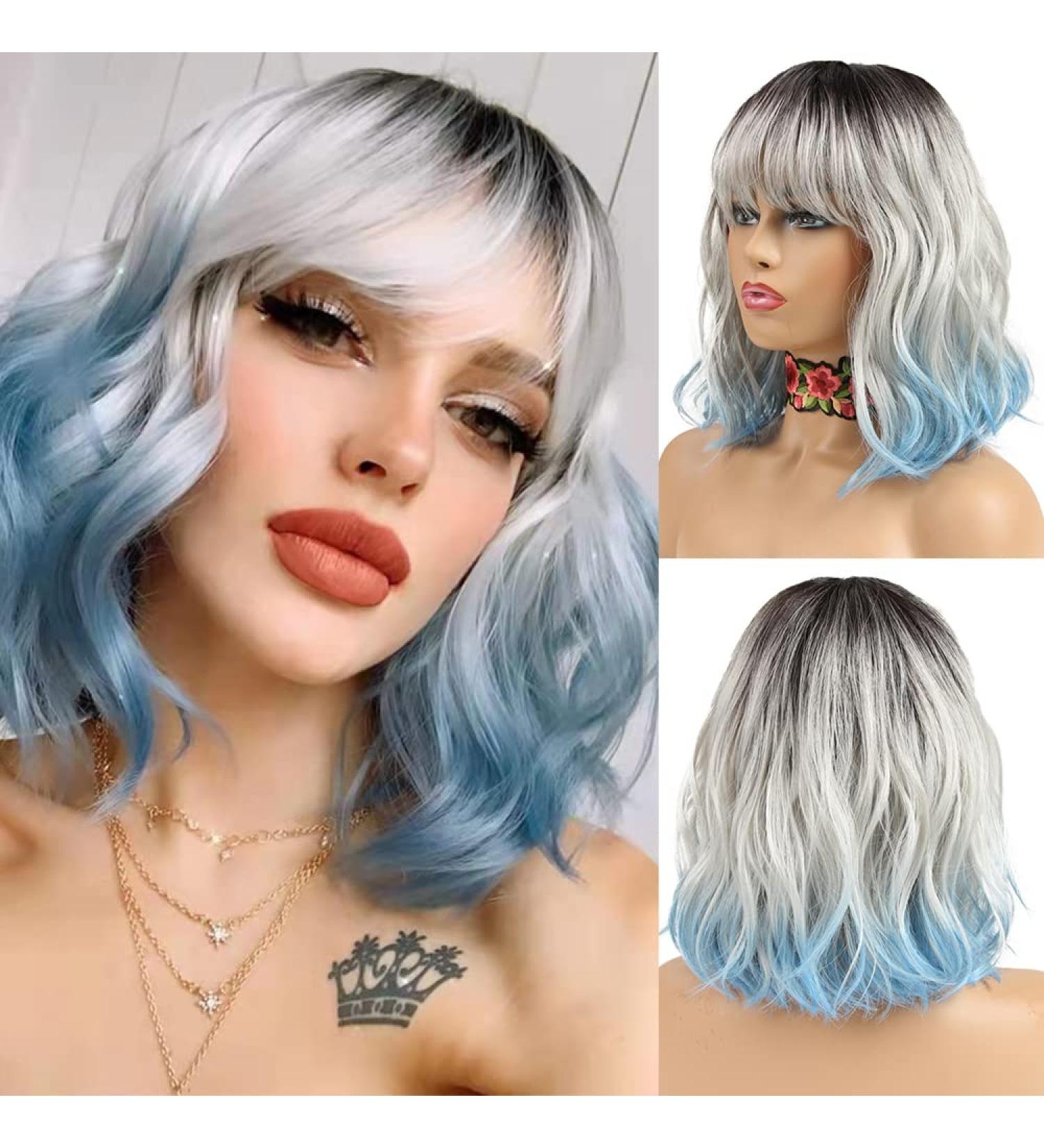 Shop Noble Blue Wigs - 12 Curly Bob with Air Bangs | Heat-Resistant Synthetic Silver Blue Wig for Women - Buy Online on GoSupps.com