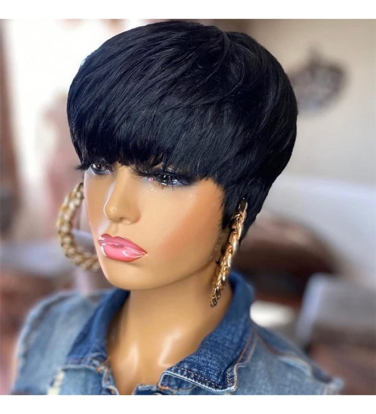 QiaQiaRing 9A Brazilian Pixie Cut Wig with Bangs | Short Straight Human Hair Wigs for Black Women | Natural Black Color - Buy Online on GoSupps.com