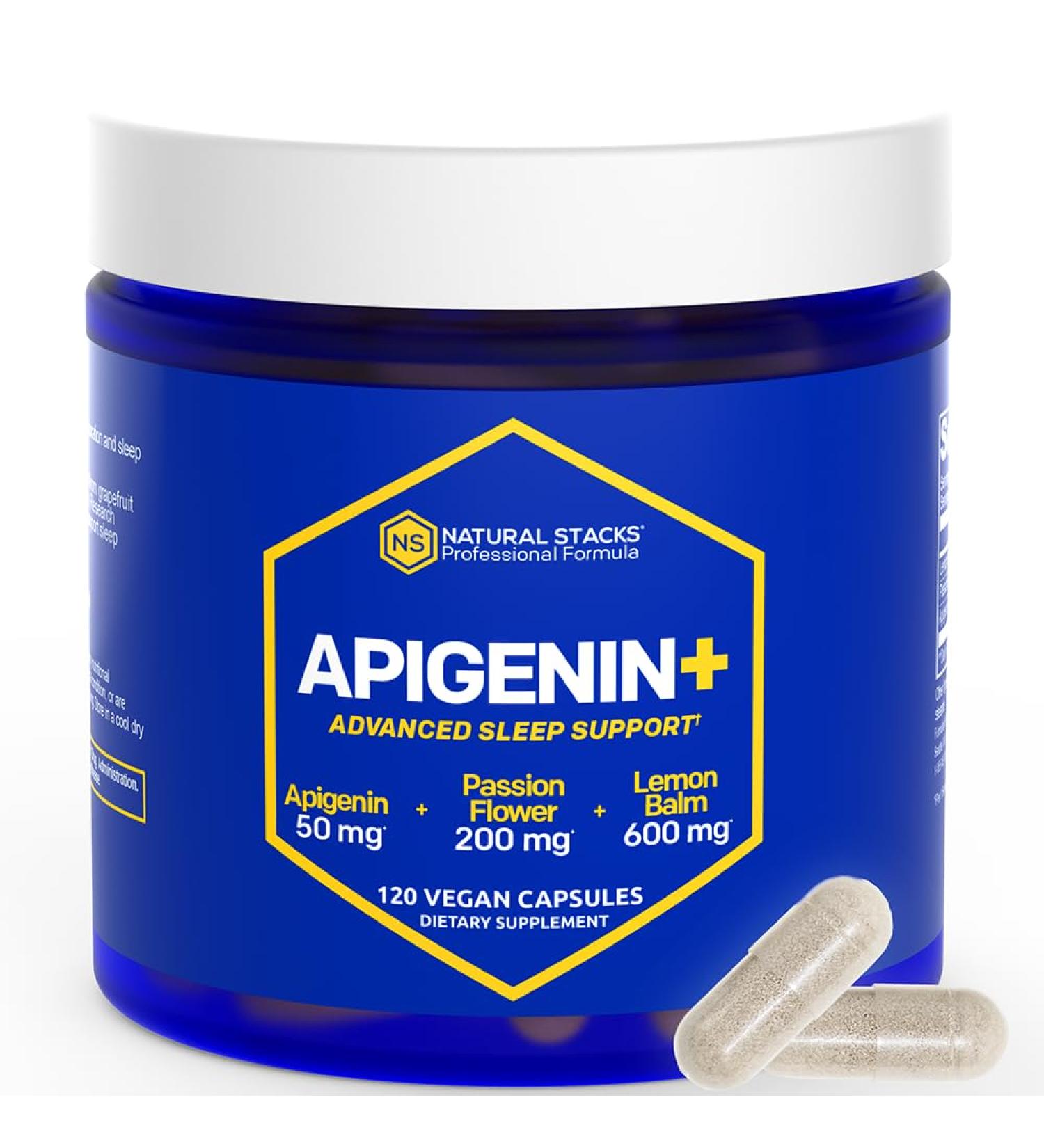NATURAL STACKS Apigenin Supplement for Sleep - 50mg Apigenin & 600mg Lemon Balm - Melatonin Free Sleep Aid - with Passion Flower Extract for Stress Support* - 120 Lemon Balm Capsules 120 Count (Pack of 1) - Buy Online on GoSupps.com