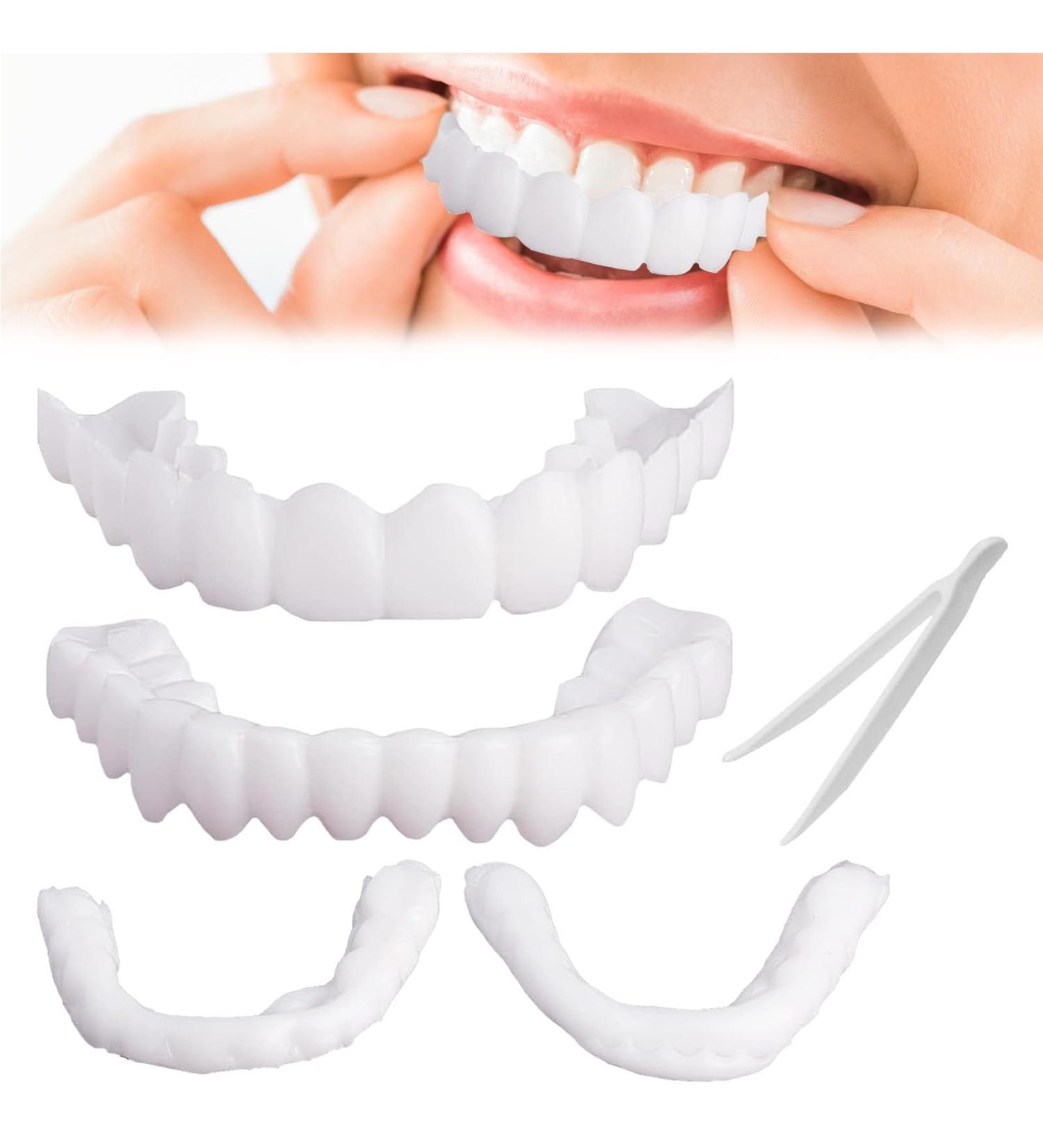 Brigtviee Temporary Prostheses Teeth Veneers - Cosmetic Upper & Lower Dentures for Tooth Whitening | 2 Pairs with Mini Tweezers - Ideal for Men & Women - Buy Online on GoSupps.com