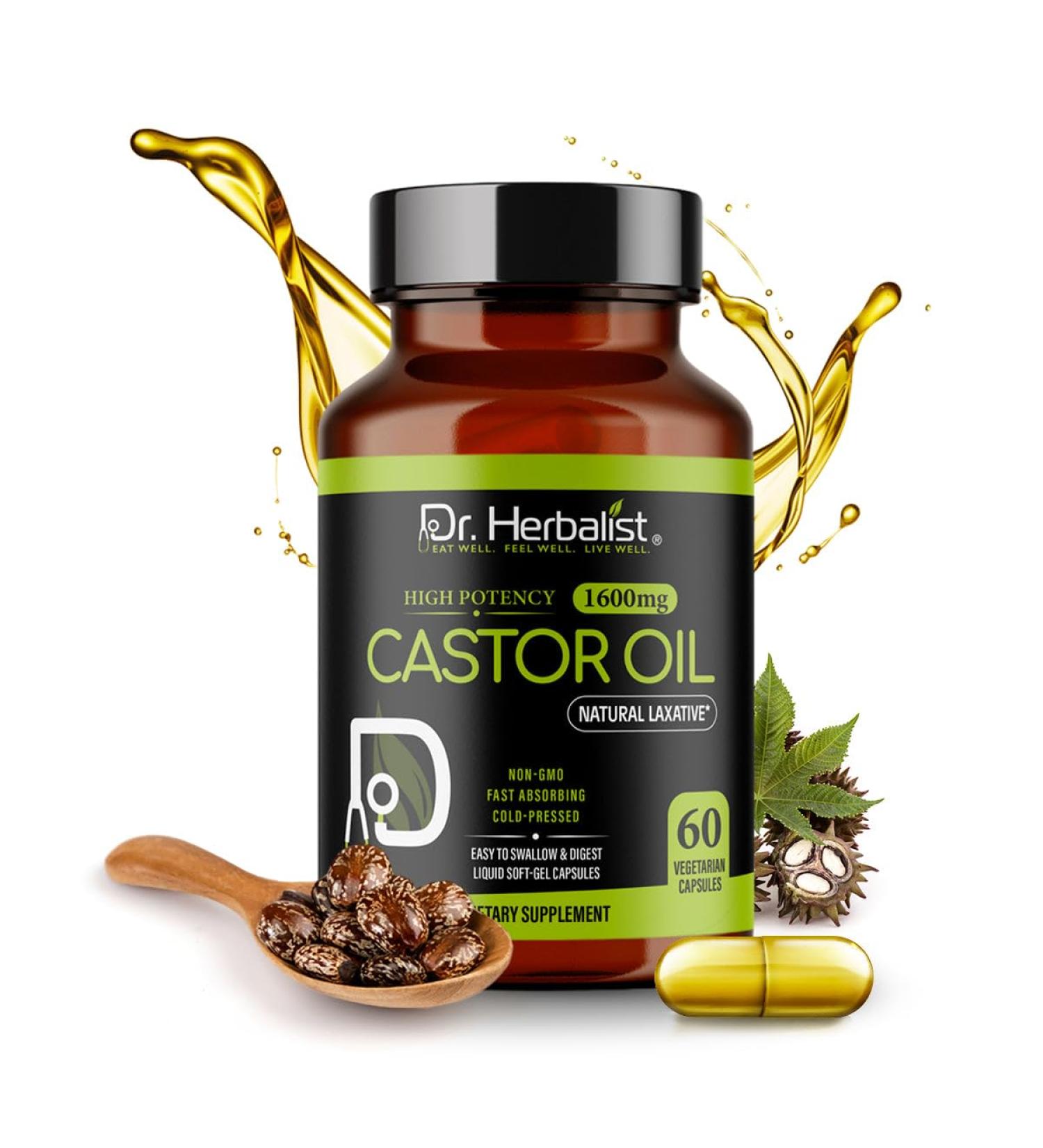 Buy Dr. HERBALIST Castor Oil Capsules 1600mg - Non-GMO Fast-Absorbing Vegetarian - Supports Skin Hair Laxatives & Digestive Health | 60 Count - Buy Online on GoSupps.com