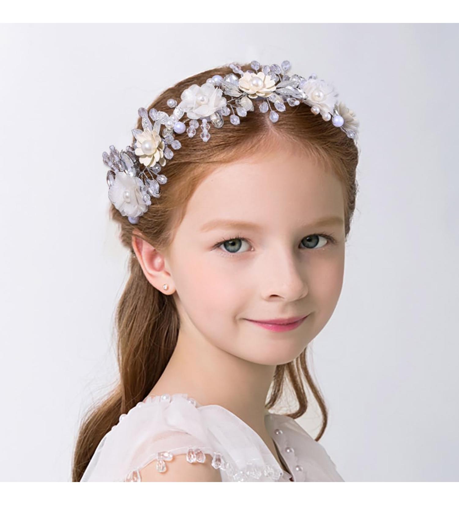 IYOU Flower Princess Headpiece Silver Sparkly Crystal Hair Dress Pearl Communion Wedding Hair Accessoris for Girls - Buy Online on GoSupps.com