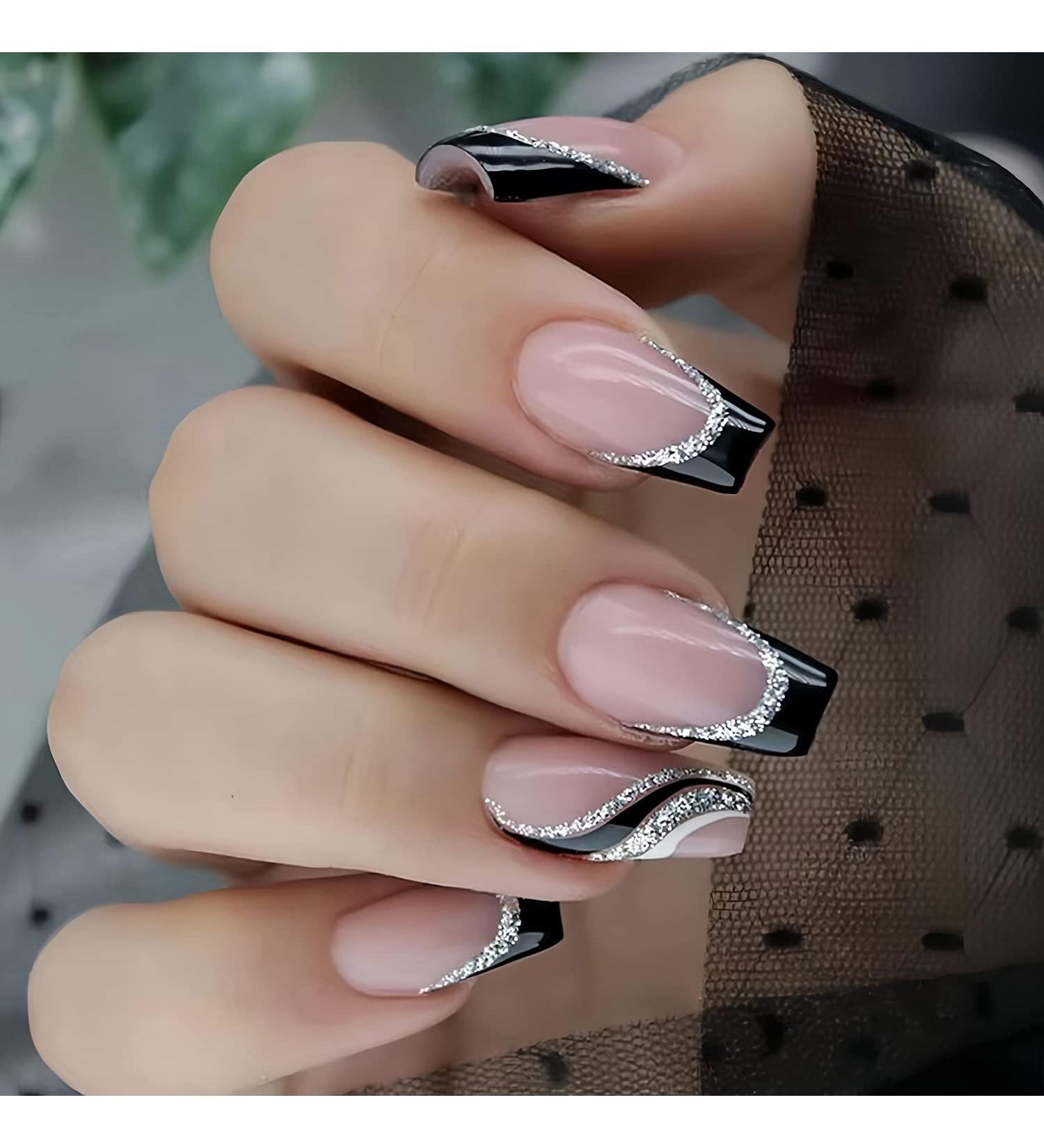 Black French Tip Press on Nails Coffin Medium with Silver Glitter Line Designs - 24Pcs - Buy Online on GoSupps.com