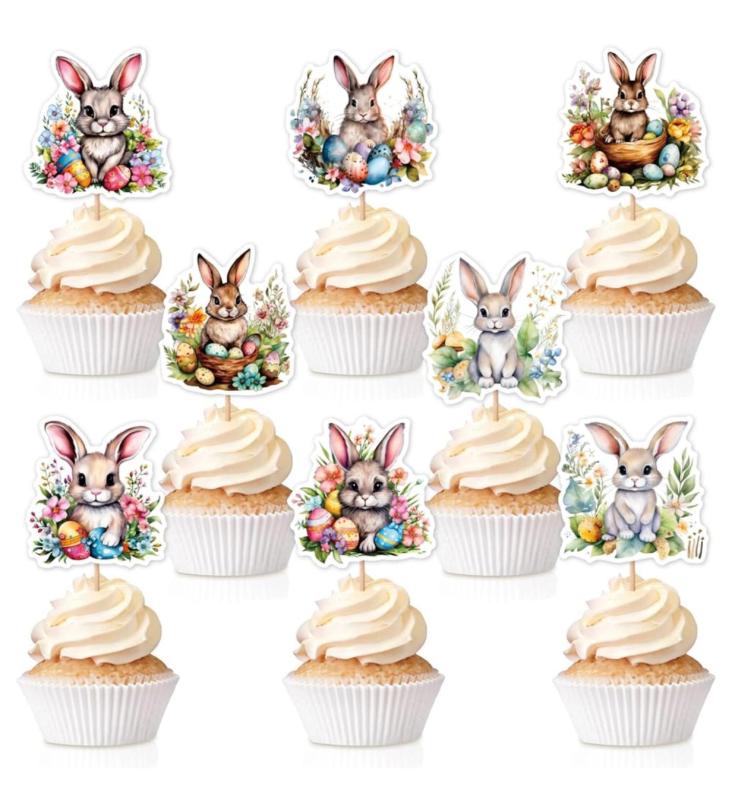 keonsatrz Easter Cupcake Topper 16PCS Watercolor Floral Easter Bunny Cupcake Topper Happy Easter Cupcake Topper for Easter Spring Party Supplies Rabbit Party Supplies - Buy Online on GoSupps.com