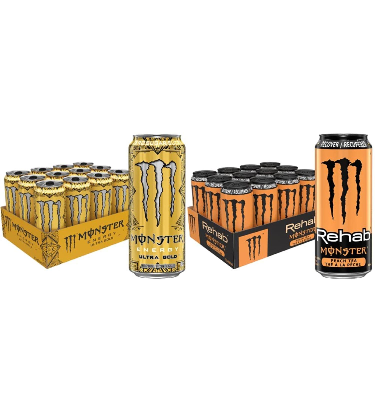 Monster Energy Ultra Gold 473mL Can Pack of 12 Clear & Rehab Peach Tea 458mL Can Pack of 12 - Buy Online on GoSupps.com