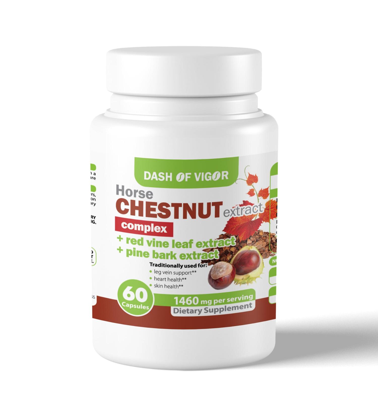 Dash of Vigor 12-in-1 Horse Chestnut Extract Complex, Red Vine Leaf Extract Supplement, Pine Bark, Turmeric, Hawthorn Berry, Ginger, Cayenne Pepper, Chamomile, 1460 mg, 60 Capsules - Buy Online on GoSupps.com