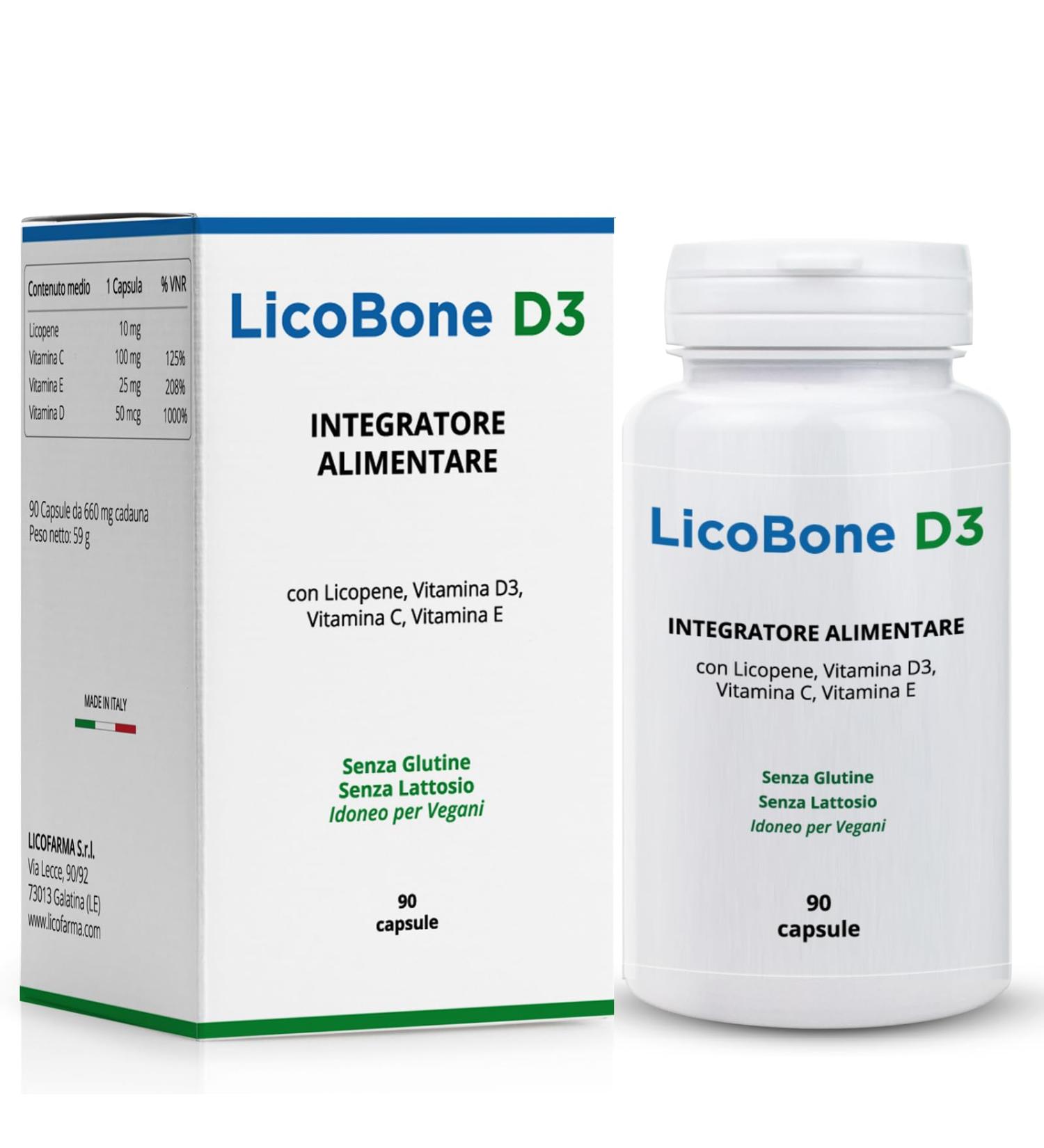  Licofarma Licobone D3 food supplement for bone health | With Vitamin D3 Vitamins C and E and Lycopene | Bottle of 90 capsules - Buy Online on GoSupps.com
