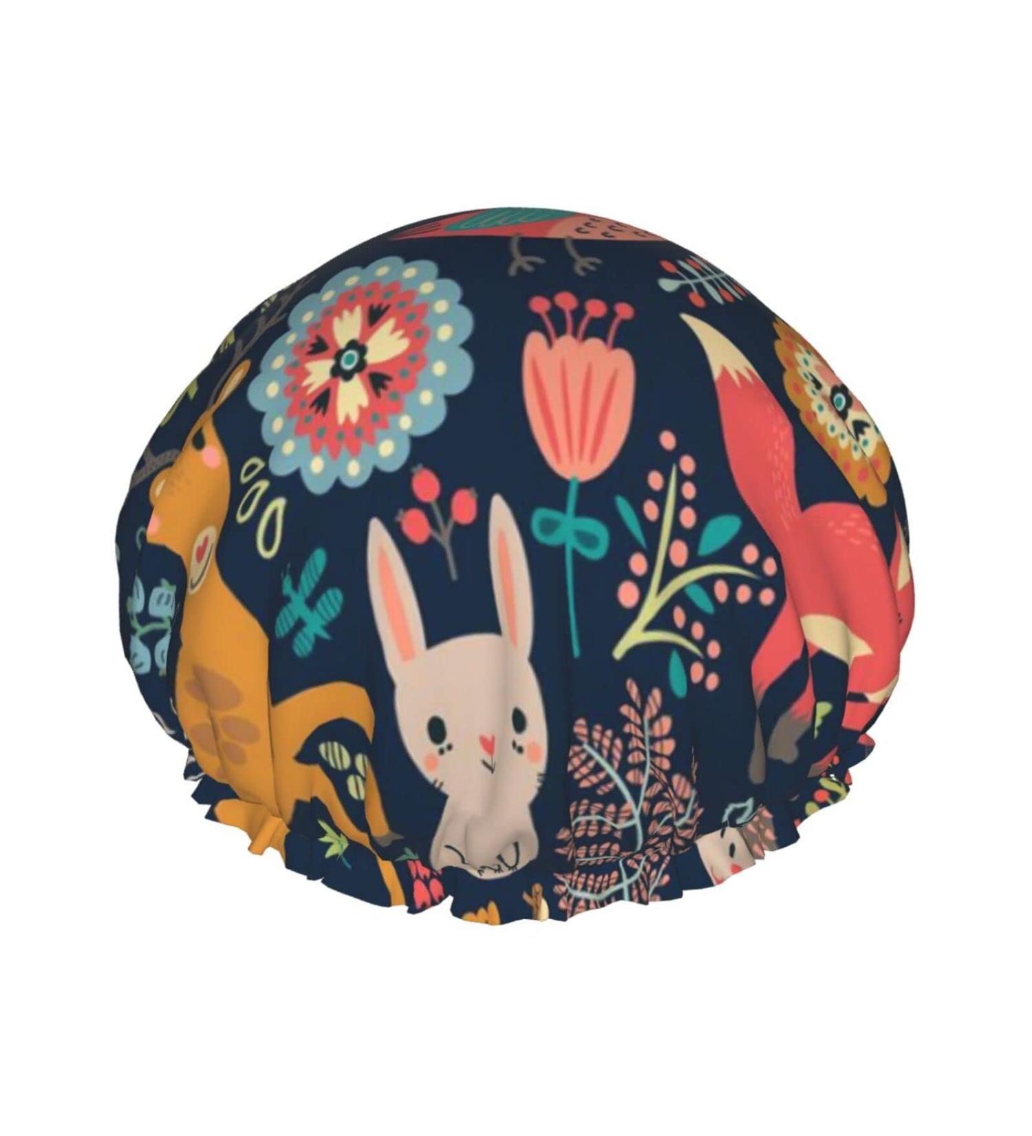 Cute Forest Animals Printing Shower Cap - Reusable & Waterproof for Women | Double Layer Bathing Hair Cap for Spa & Salon - Buy Online on GoSupps.com