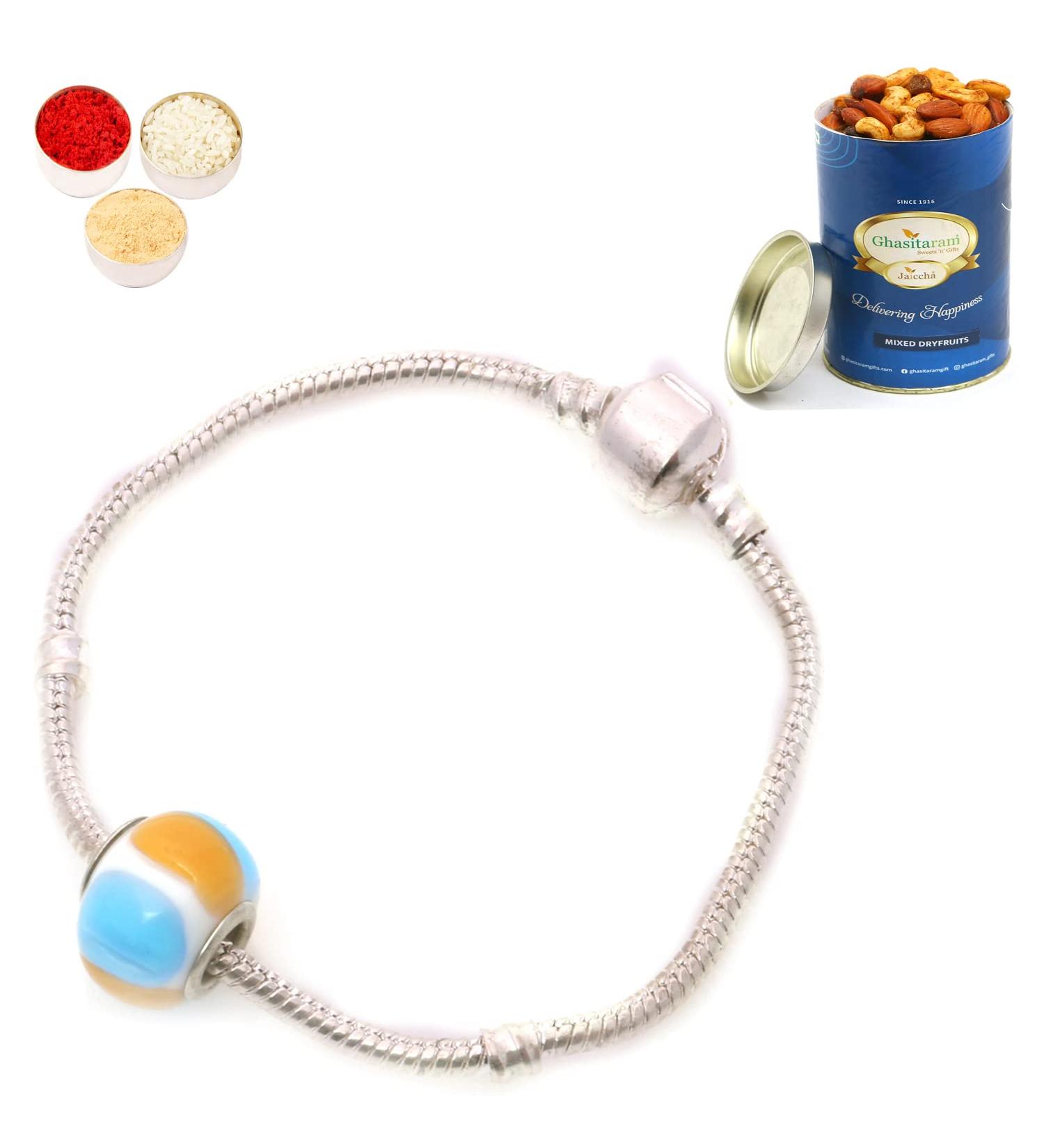Ghasitaram Gifts Rakhi for Brother Rakhis Online- Premium Stone Magnetic Braclet with 100 GMS of Dryfruits Mix Can Rakhi Set with 100 gms of Dryfruits Mix Can - Buy Online on GoSupps.com