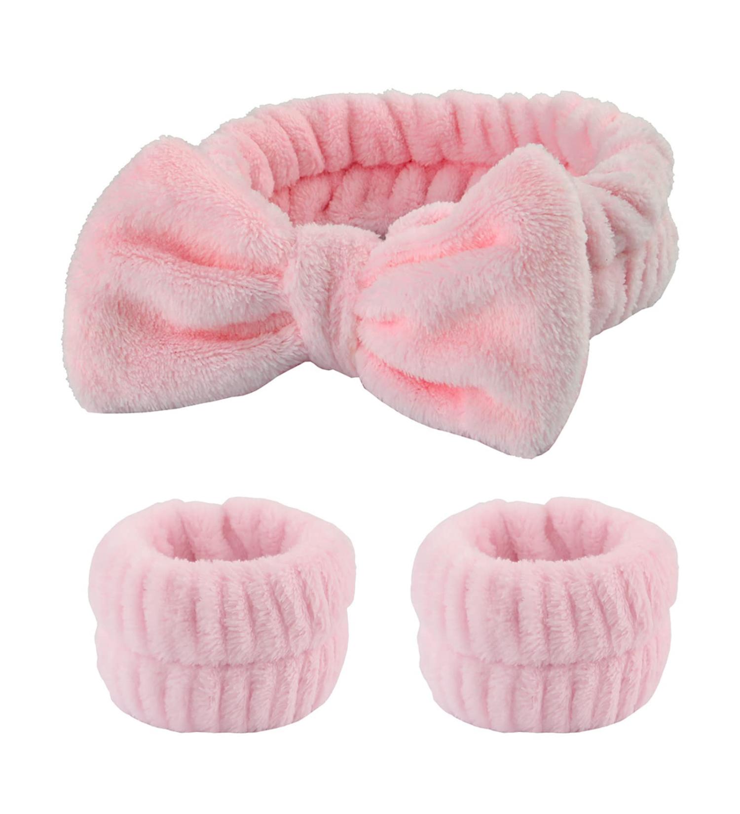 3-Piece Pink Spa Headband & Wristband Set for Women - Prevent Spills, Perfect for Face Washing & Makeup Application - Buy Online on GoSupps.com