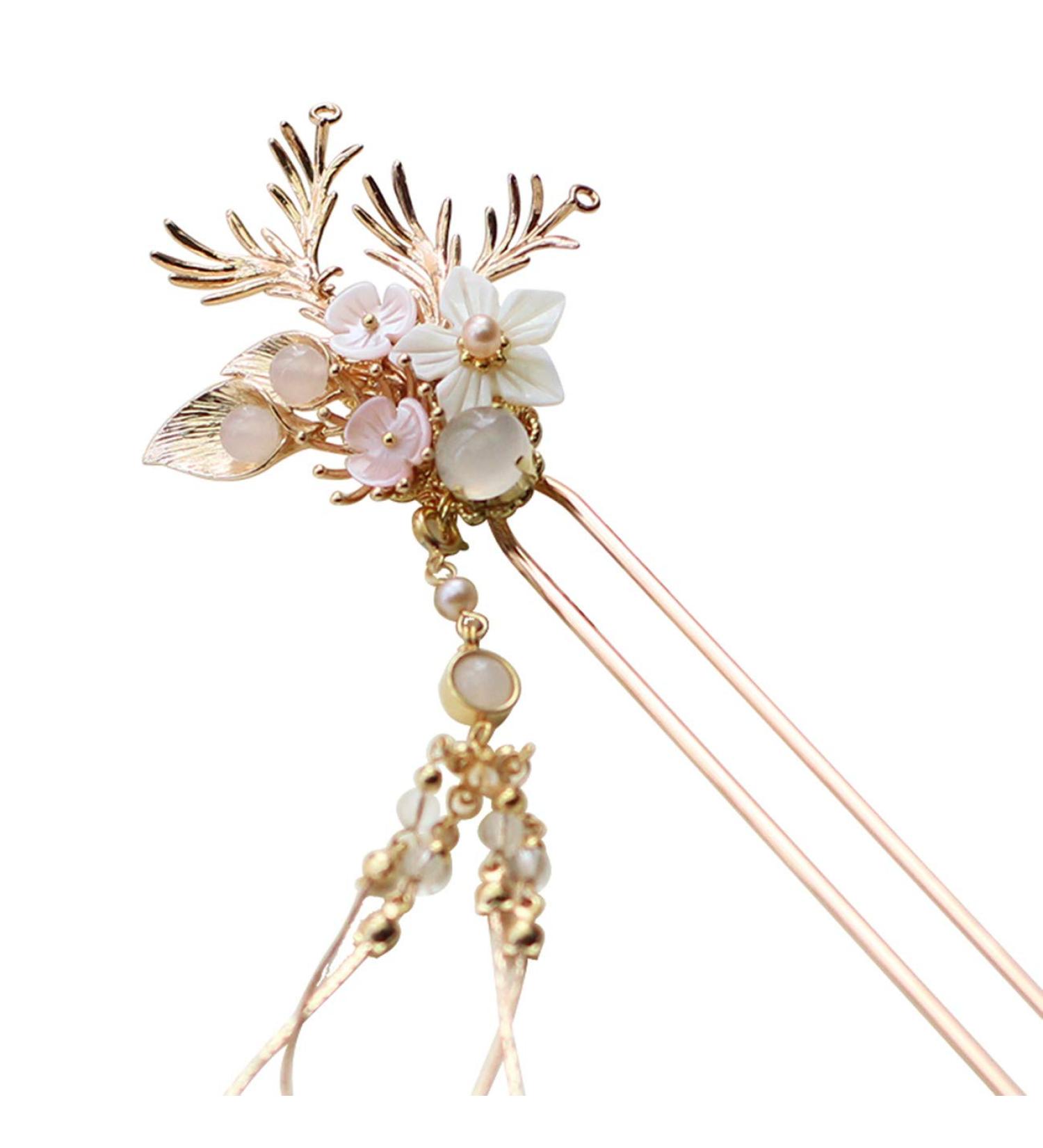 Yuri Handmade Pearl Shell Hairpin Clasp - Chinese Traditional Style Brass Wedding Hair Decoration - Buy Online on GoSupps.com