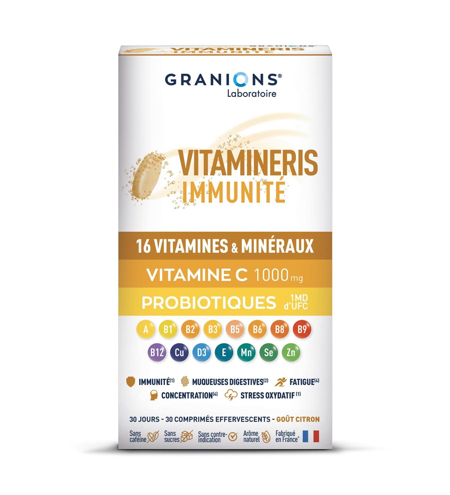 Vitamin C 1000mg + Probiotics 1 Billion Strains + 16 Vitamins and Minerals - 30 Effervescent Tablets Helps Immune Defenses Reduce Fatigue GRANIONS Immunity 1000mg - Buy Online on GoSupps.com