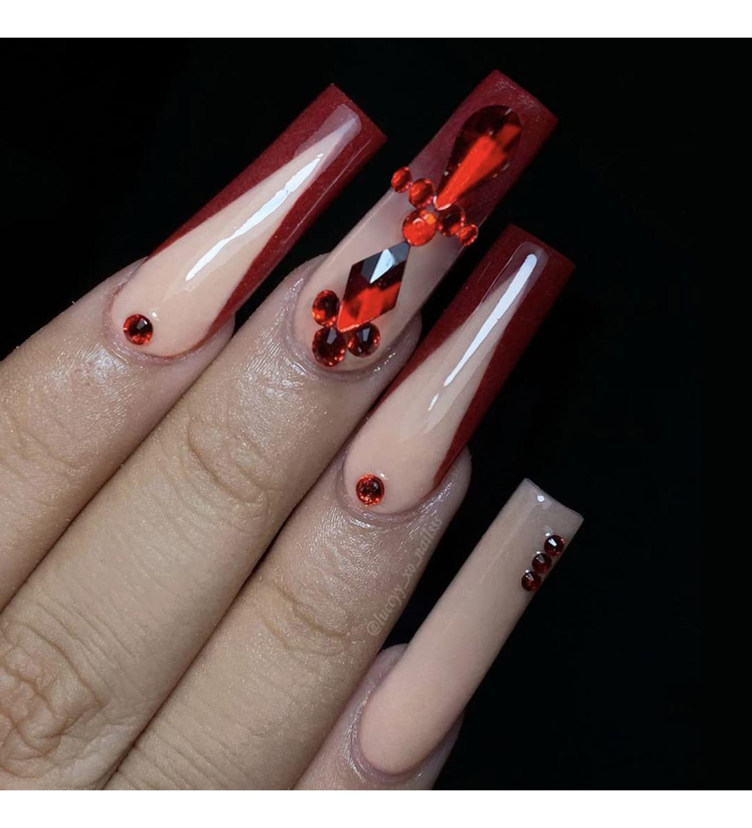 Sethexy Long Coffin False Nails - Bling Red Acrylic Press-On Nails with Crystal Sparkle | 24 pcs for Women & Girls - Buy Online on GoSupps.com