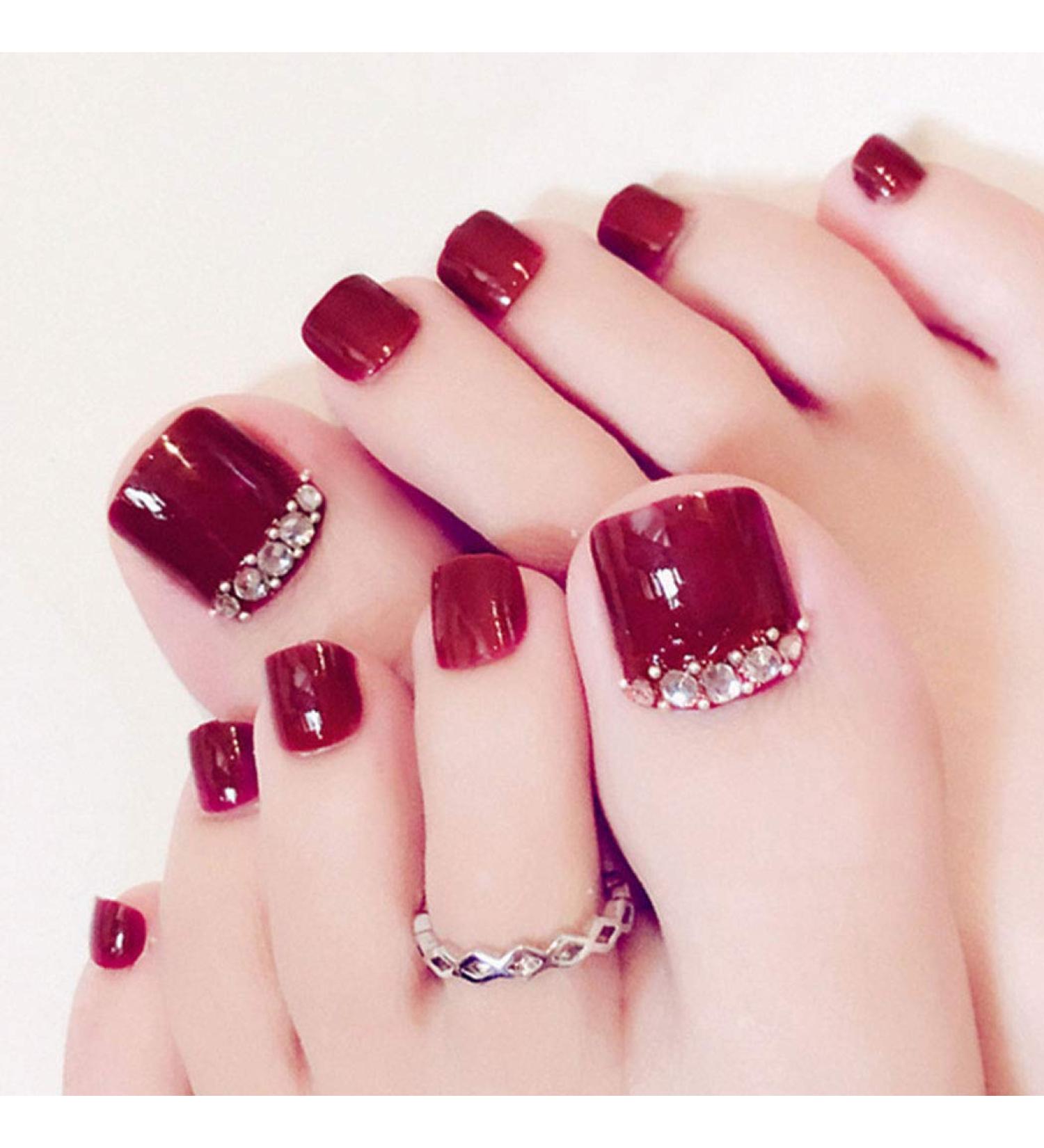 Uranian Rhinestone Glossy Red Press on Toesnails - 24pcs Full Cover False Toe Nails for Women and Girls - Buy Online on GoSupps.com