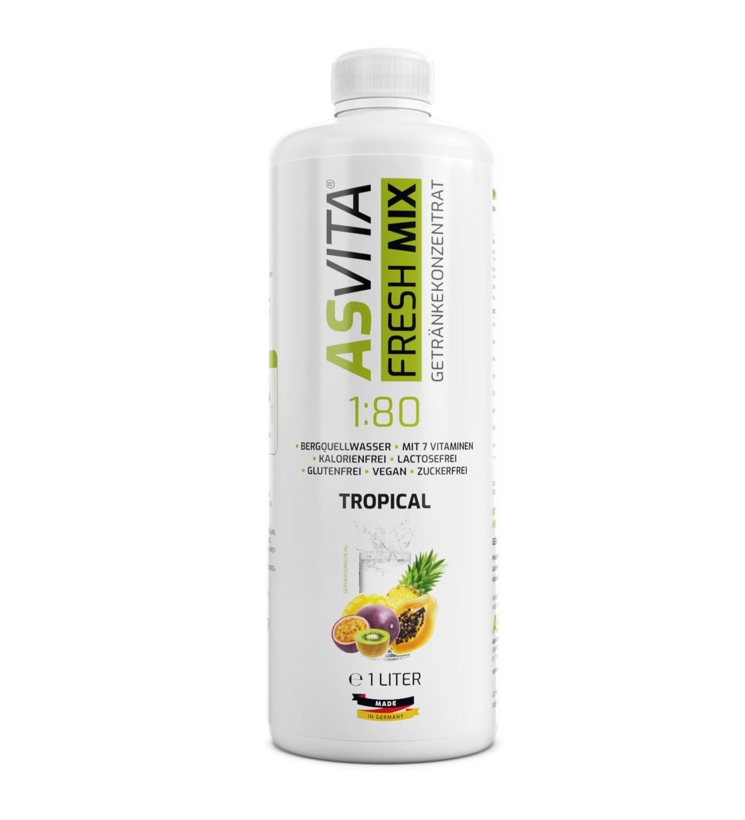 Asvita syrup without sugar |Asvita Fresh Mix 1: 80-1 liter bottle - beverage syrup sugar -free - 26 delicious flavors (tropical) Tropical 1 L (1 Pack)