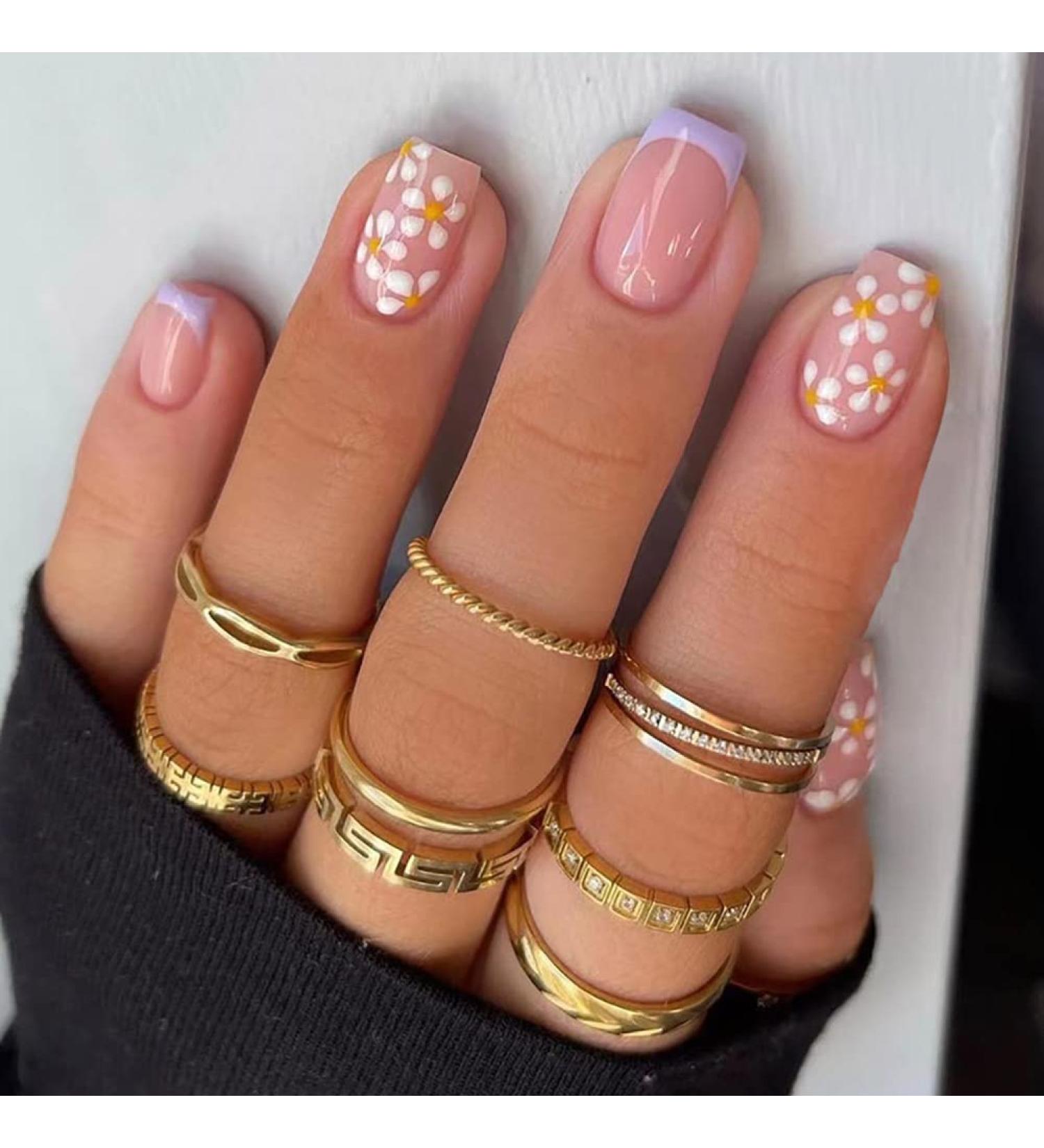 Wedity 24 Pieces Daisy Nail Stickers French Small Flower Fake Nail Stickers Rhinestone Glitter Press Fake Nails Artificial Nails for Women and Girls (A) - Buy Online on GoSupps.com