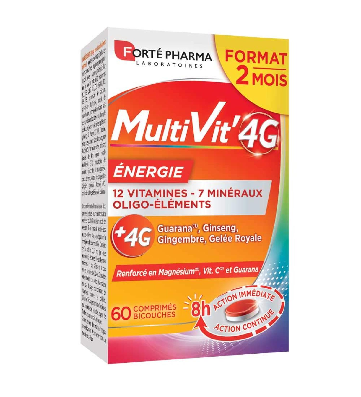 Fort Pharma - Multivit' 4G Energie - Food Supplement Shape and Tone - 12 Vitamins 7 Minerals - Ginseng Guarana Magnesium Ginger - Fatigue Irritability - 60 Two-Layer Tablets - Buy Online on GoSupps.com