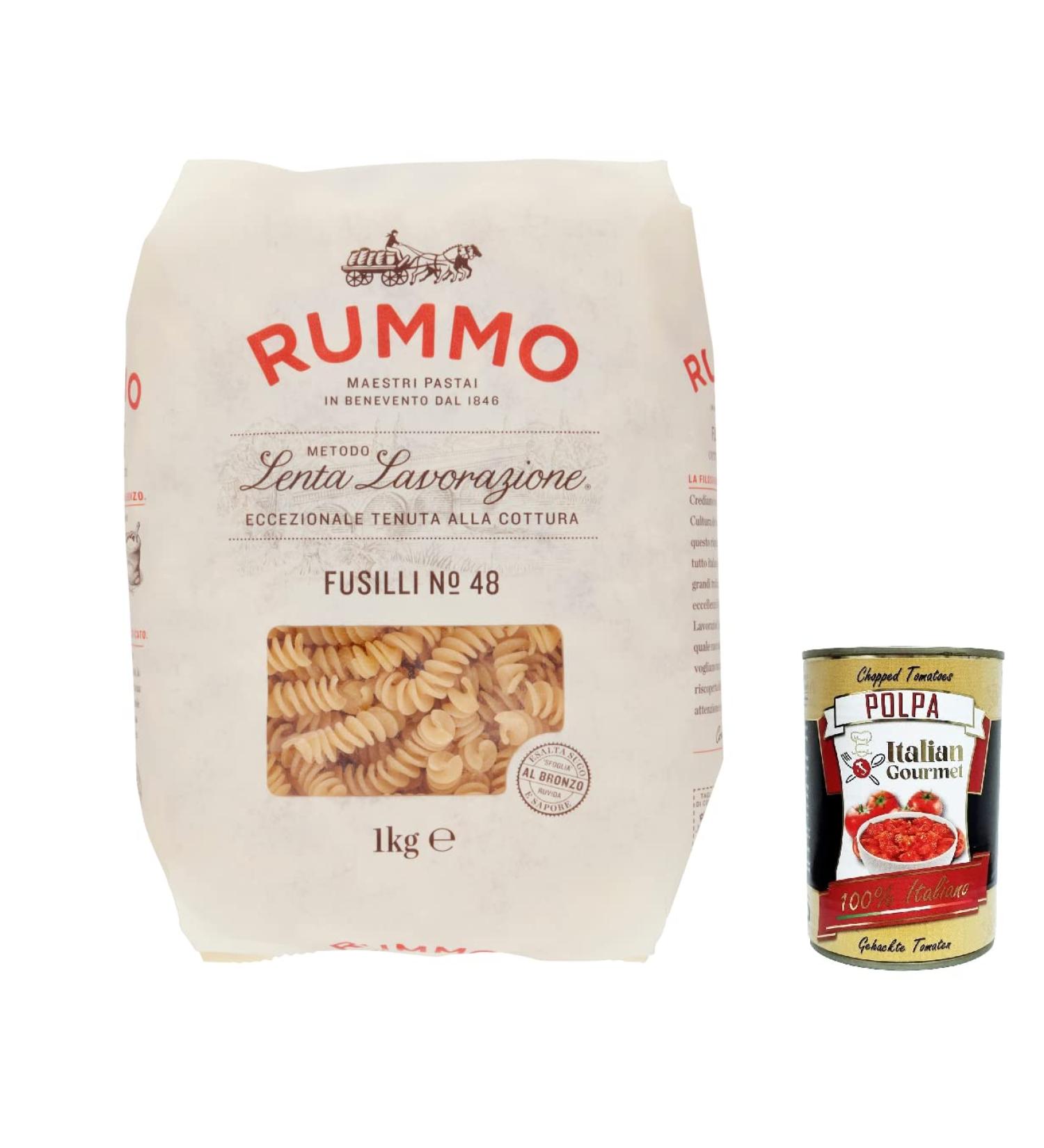  Italian Gourmet E.R. Rummo Fusilli No. 48 Pack of 4 durum wheat semolina pasta 1 kg + Italian Gourmet Polpa di Pomodoro 400 g - Buy Online on GoSupps.com