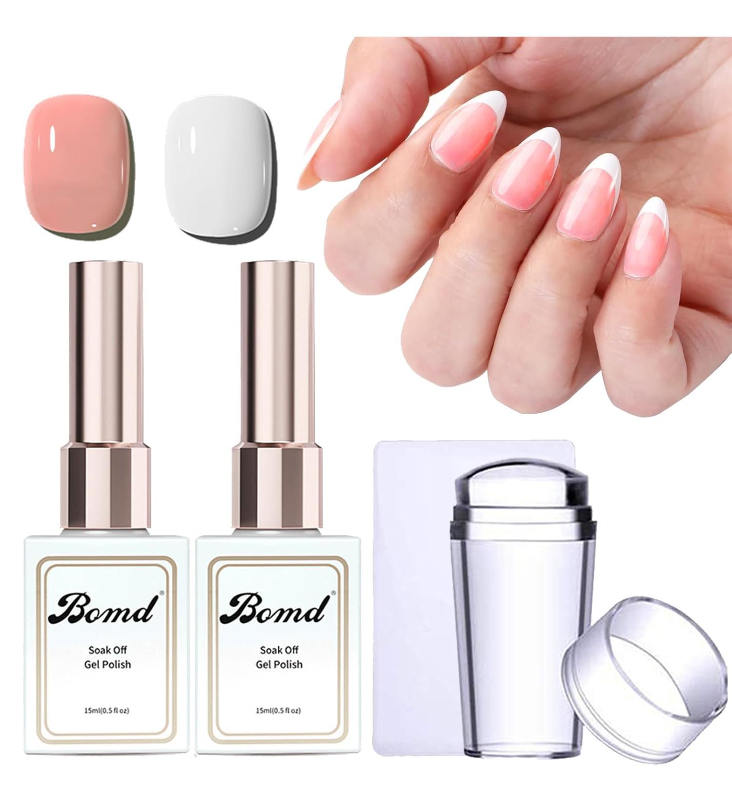 Gel Nail Polish Kit for French Tips Sheer Pink & White Nail Polish French Manicure Set with Nail Stamper Soak Off UV Nail Polish Manicure Tool for Women DIY at Home Color: Nude Pink - Buy Online on GoSupps.com