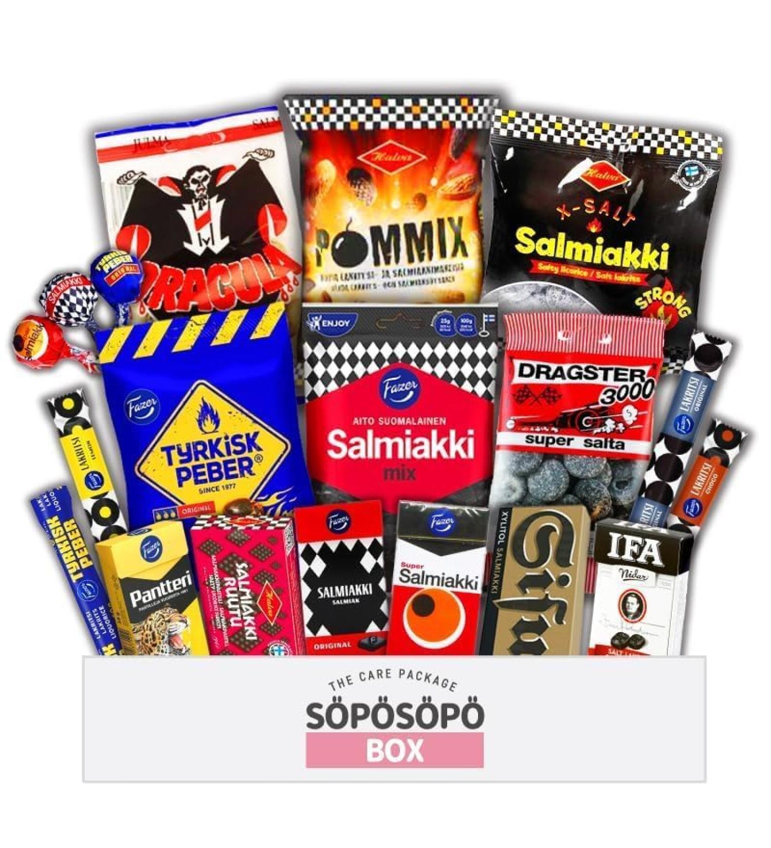 Finnish Salmiakki and Licorice set S P S P BOX Variety Pack Care Package Treats Gift Boxes Pack Adults Kids Grandkids Guys Girls Women Men Boyfriend Candy Birthday Cookies Chips Food (SOPOSOPO) - Buy Online on GoSupps.com