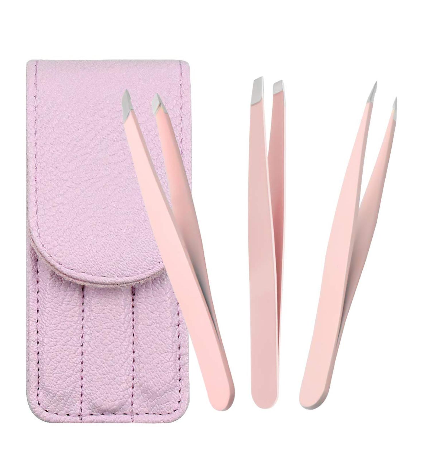 HQDeal 3-Piece Tweezers Set - Professional Stainless Steel Eyebrow Tweezers with Leather Bag | Precision Face & Hair Remover | Pink - Buy Online on GoSupps.com